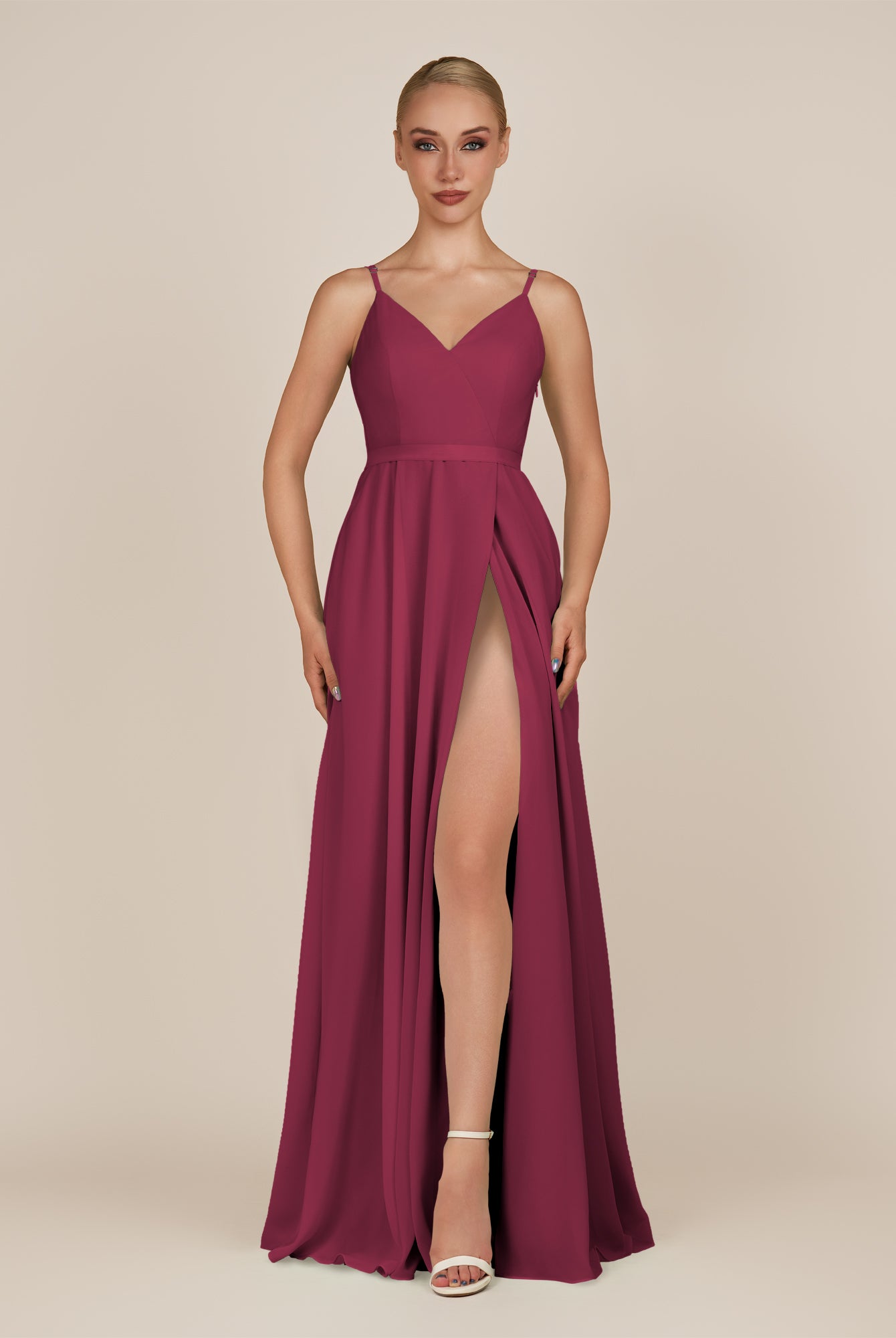 KissDress-Glenys Desert Rose A Line V Neck Long Bridesmaid Dress with Slit