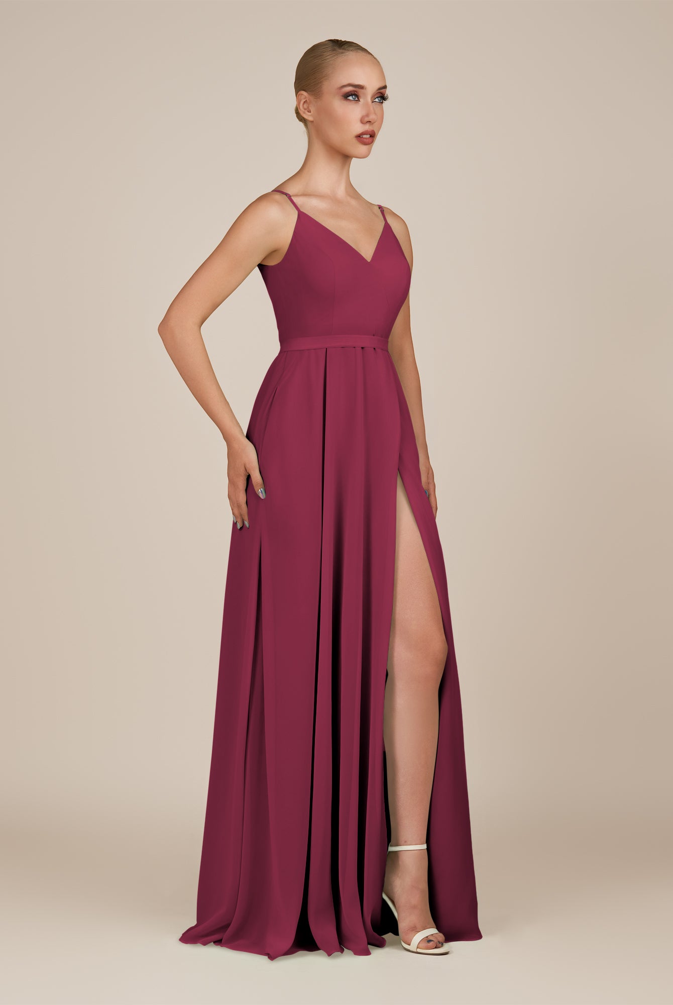 KissDress-Glenys Desert Rose A Line V Neck Long Bridesmaid Dress with Slit