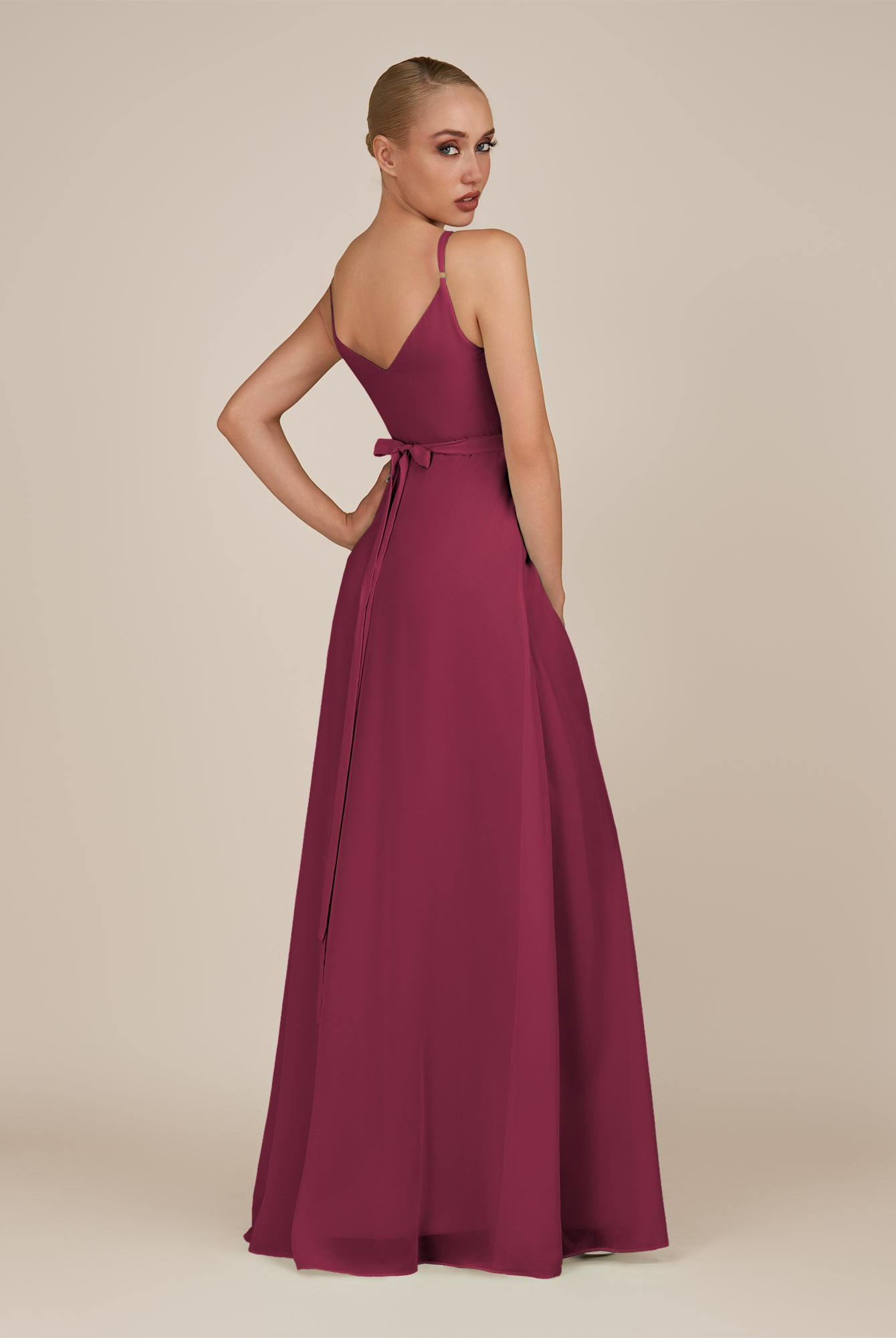 KissDress-Glenys Desert Rose A Line V Neck Long Bridesmaid Dress with Slit