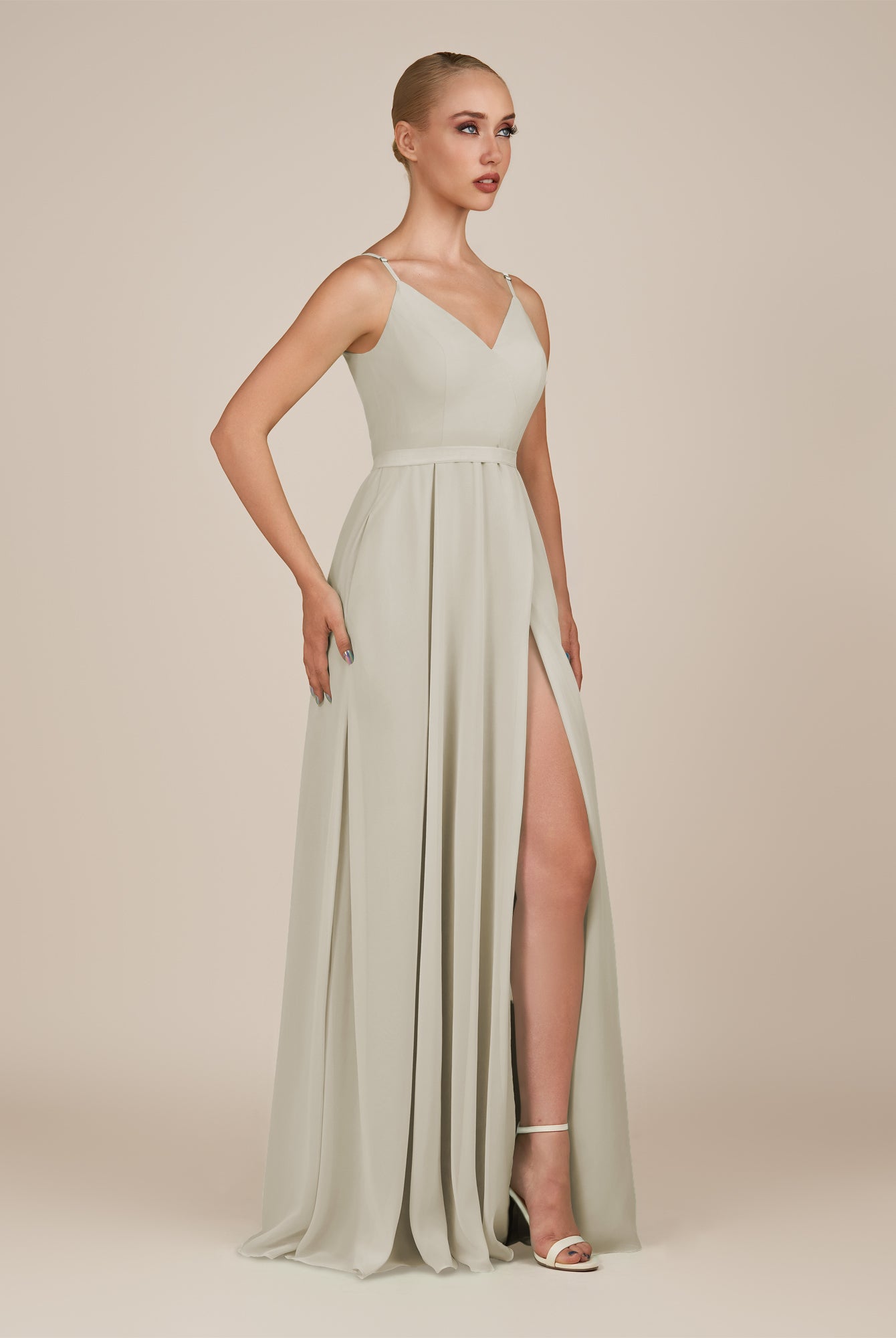 KissDress-Glenys Dove Gray A Line V Neck Long Bridesmaid Dress with Slit