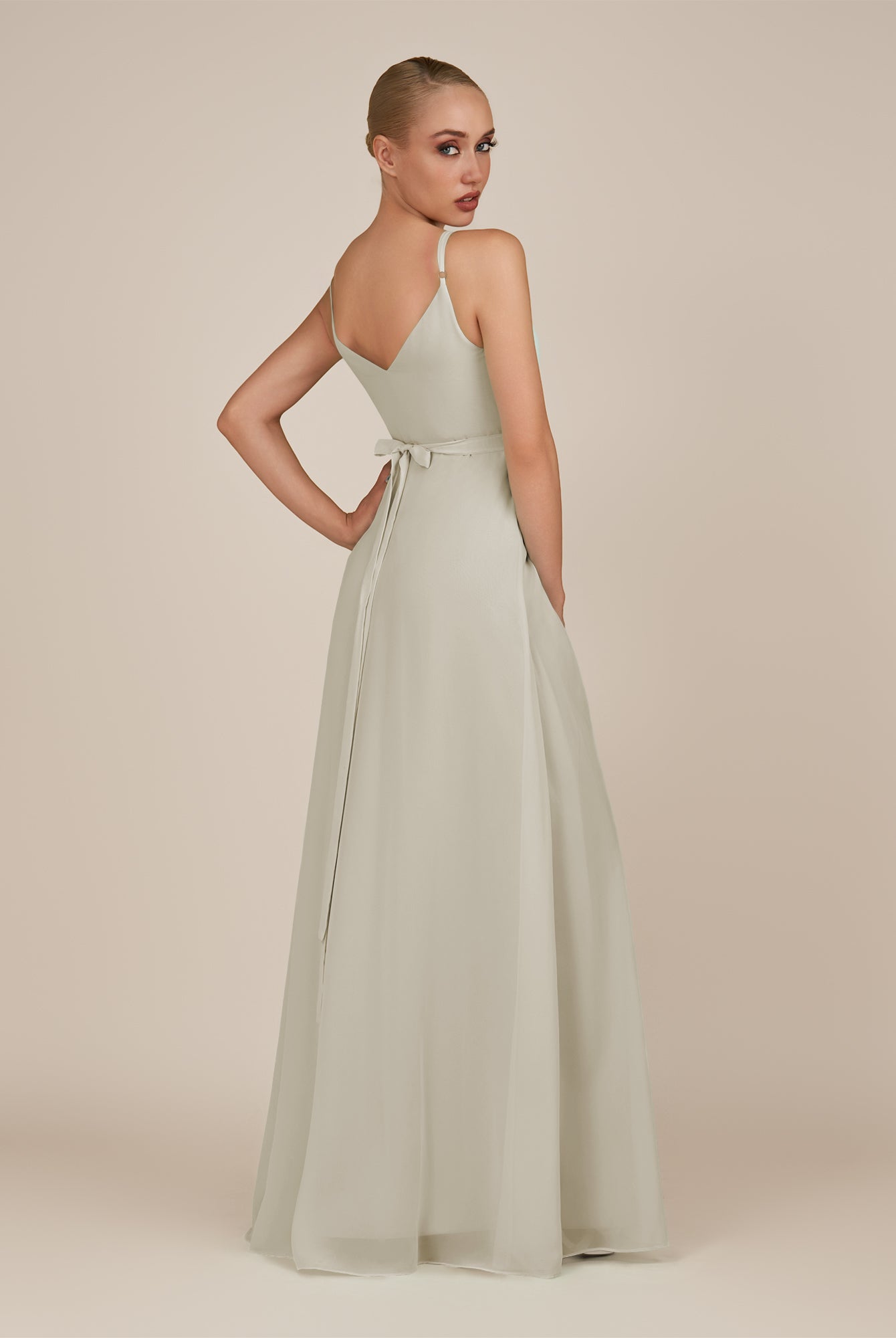 KissDress-Glenys Dove Gray A Line V Neck Long Bridesmaid Dress with Slit