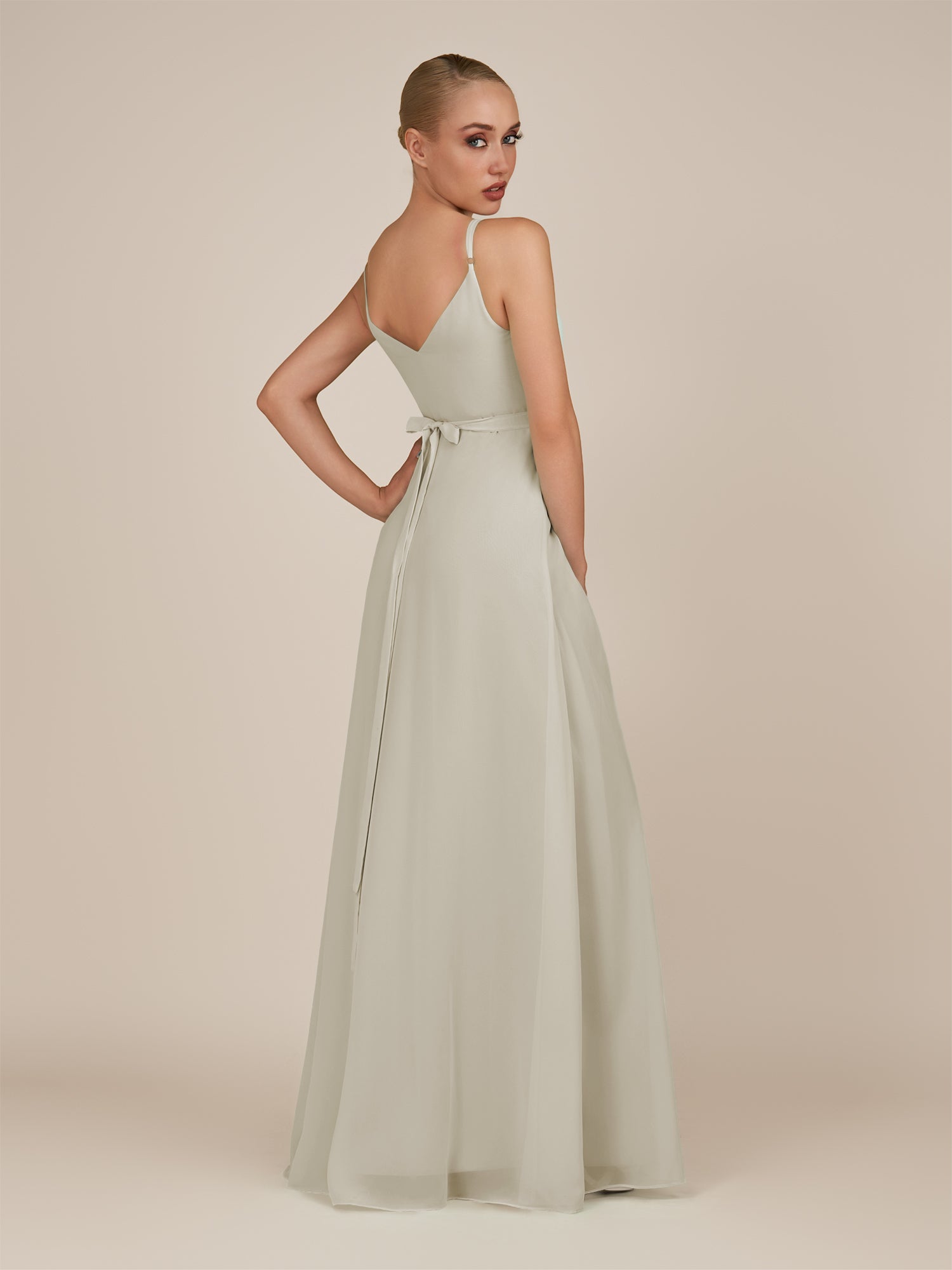 KissDress-Glenys Dove Gray A Line V Neck Long Bridesmaid Dress with Slit