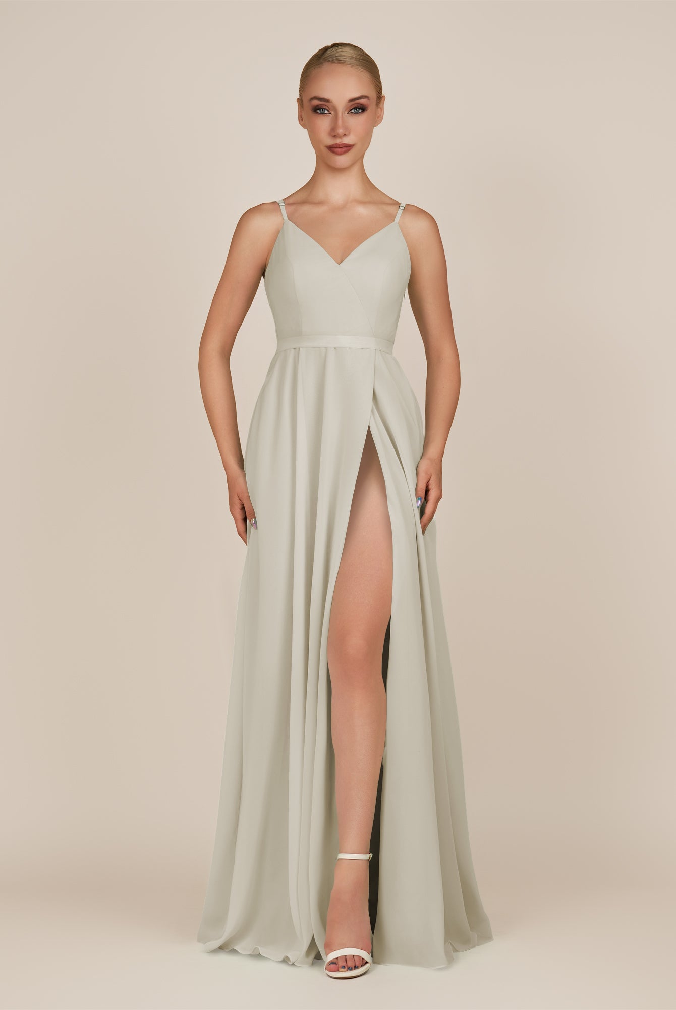 KissDress-Glenys Dove Gray A Line V Neck Long Bridesmaid Dress with Slit