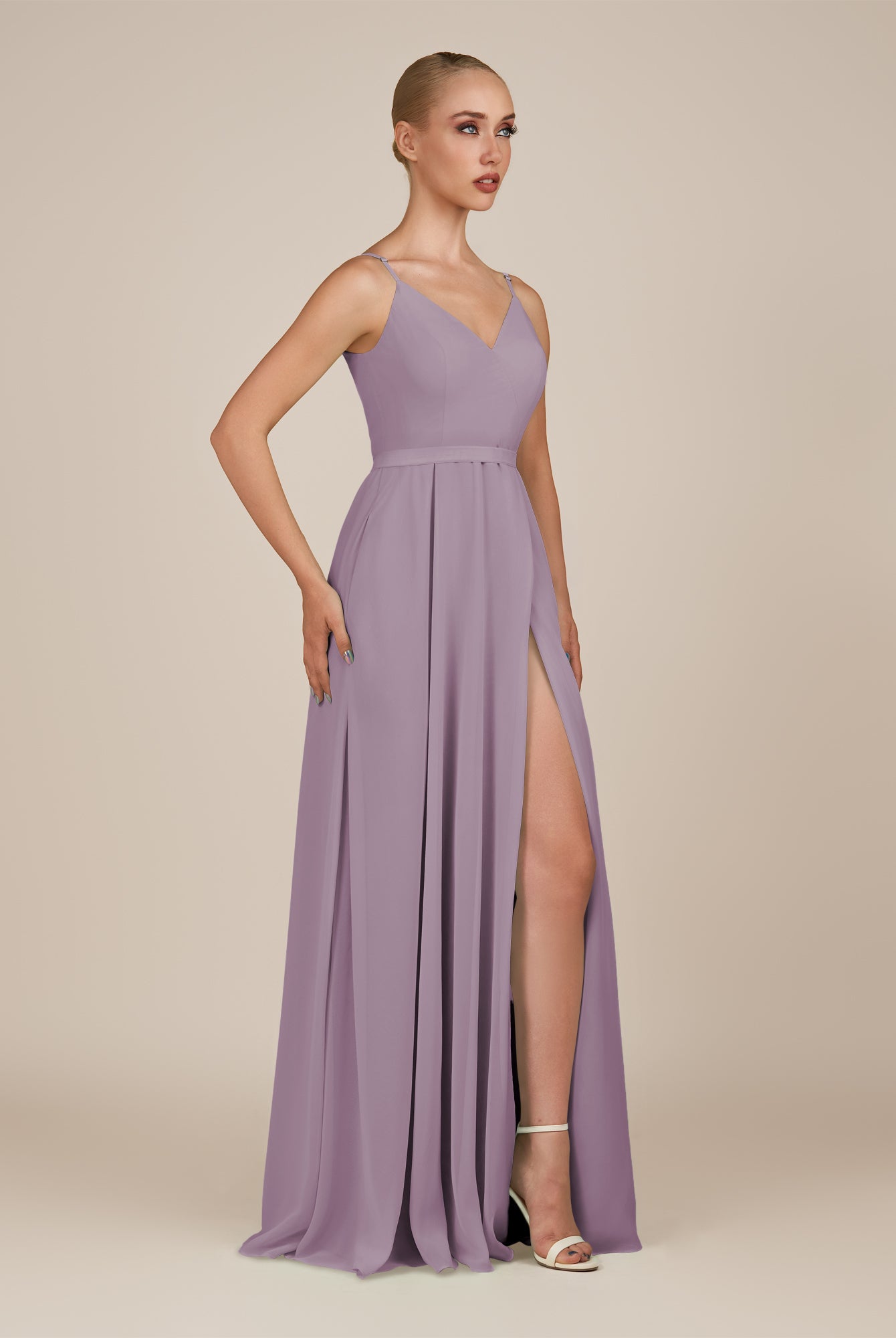 KissDress-Glenys Dusk A Line V Neck Long Bridesmaid Dress with Slit