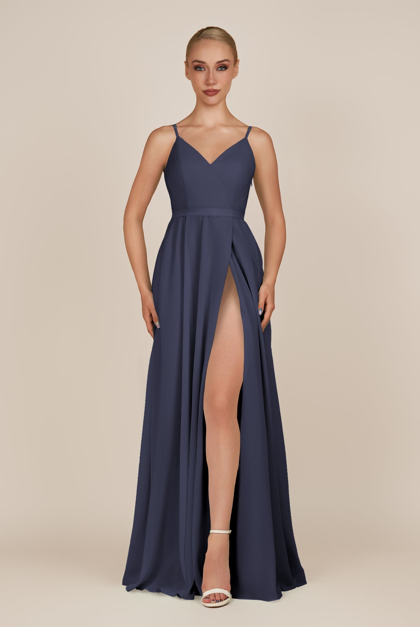 KissDress-Glenys Dusk Blue A Line V Neck Long Bridesmaid Dress with Slit