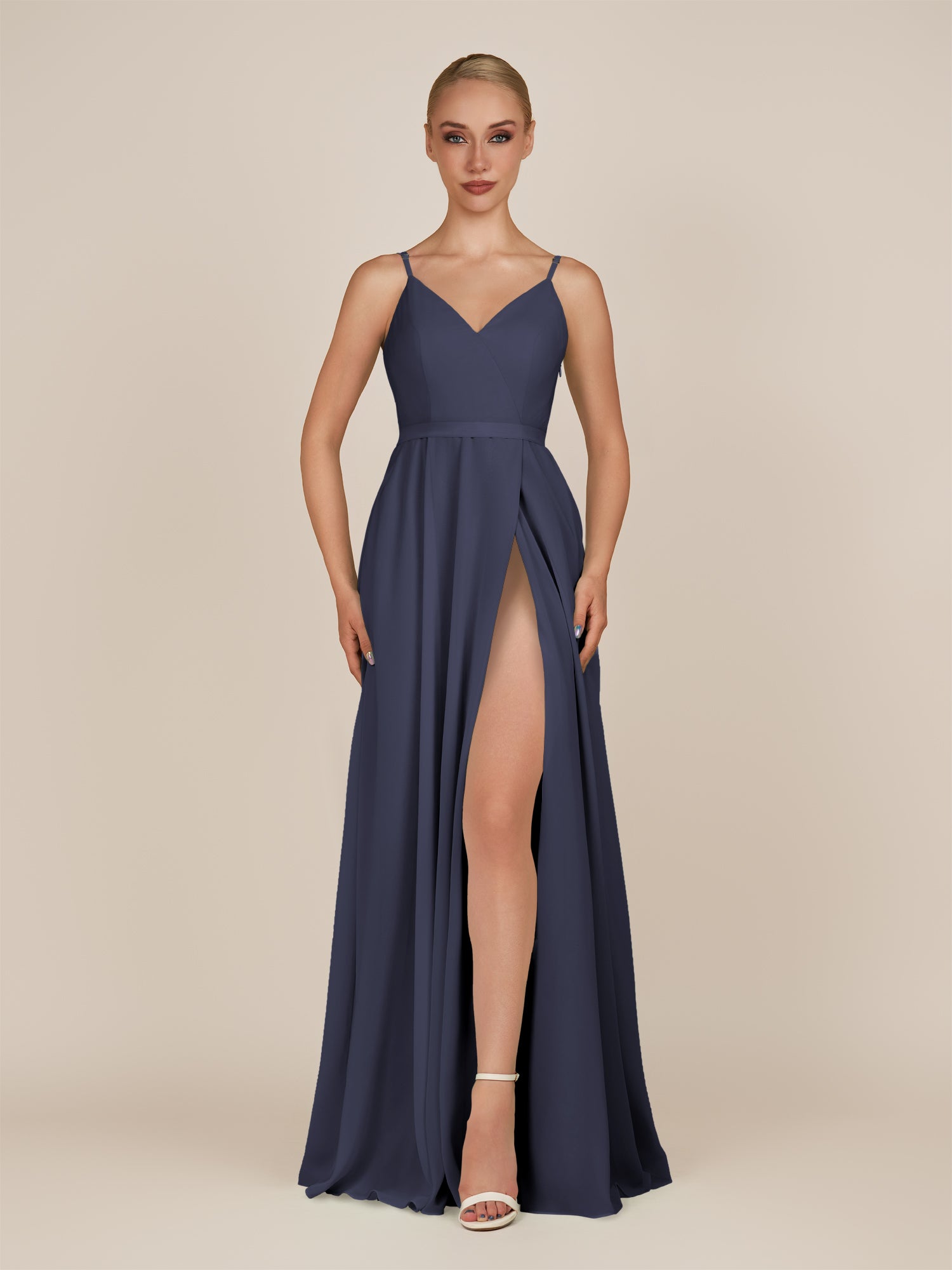 KissDress-Glenys Dusk Blue A Line V Neck Long Bridesmaid Dress with Slit