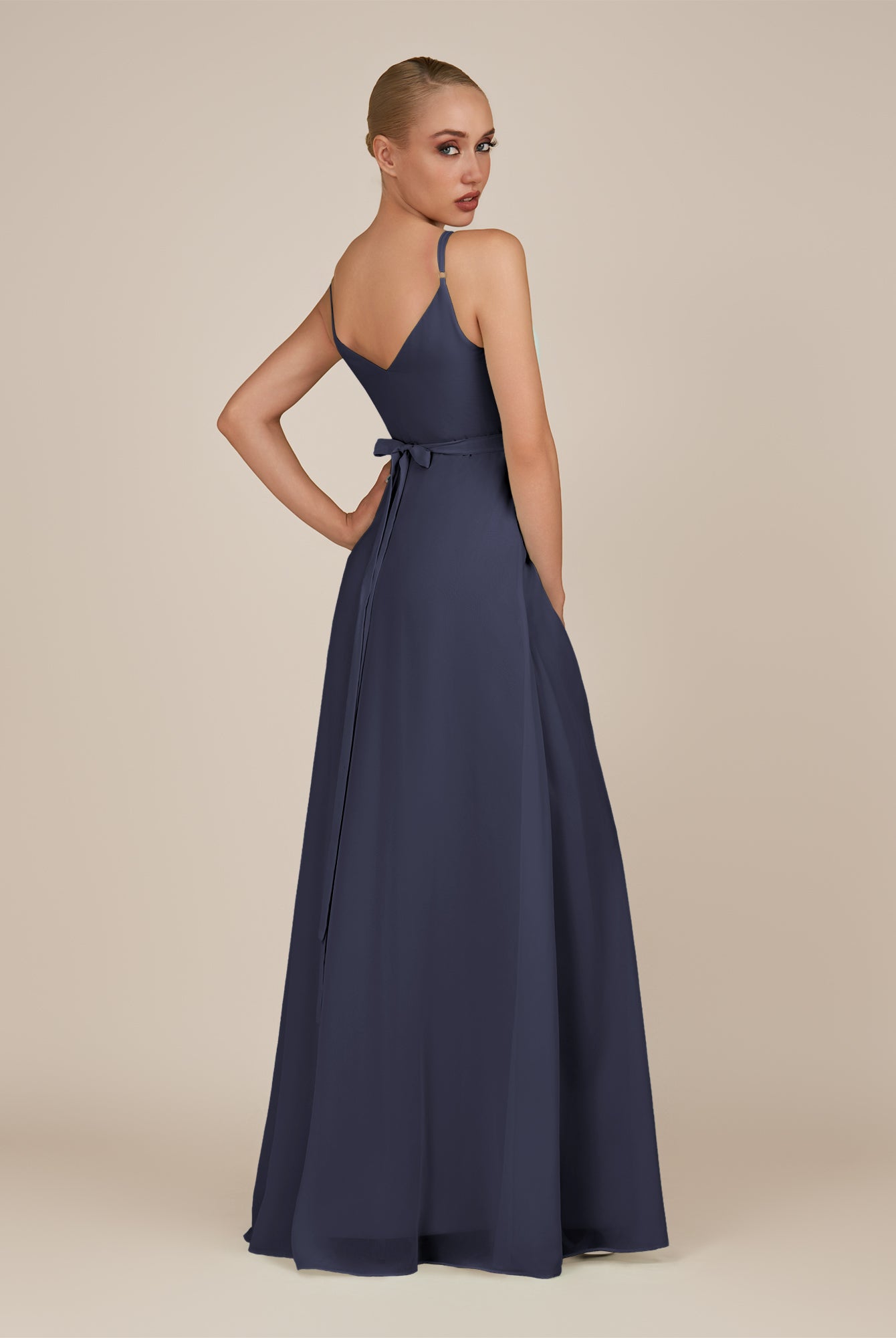 KissDress-Glenys Dusk Blue A Line V Neck Long Bridesmaid Dress with Slit