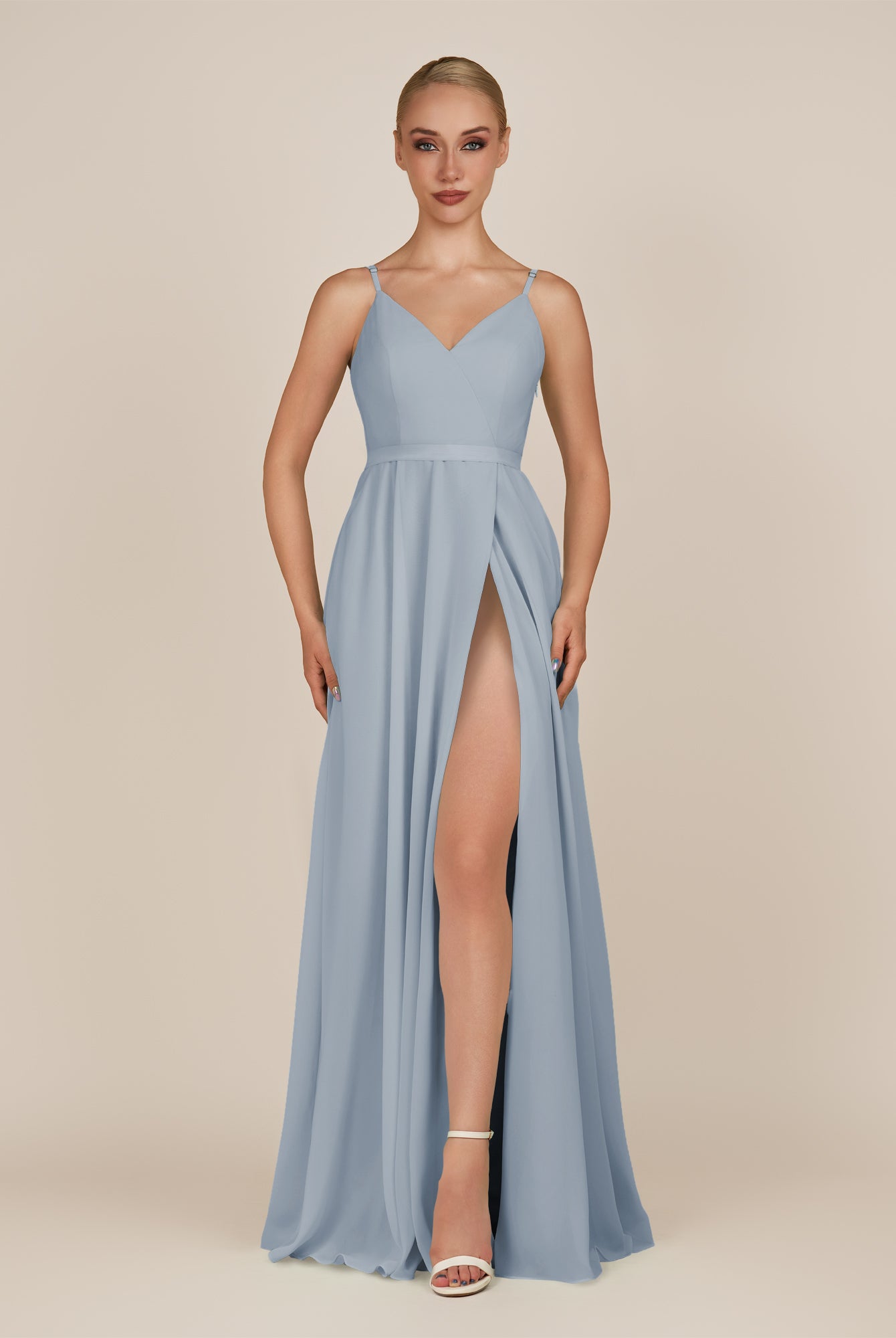 KissDress-Glenys Dusty Blue A Line V Neck Long Bridesmaid Dress with Slit