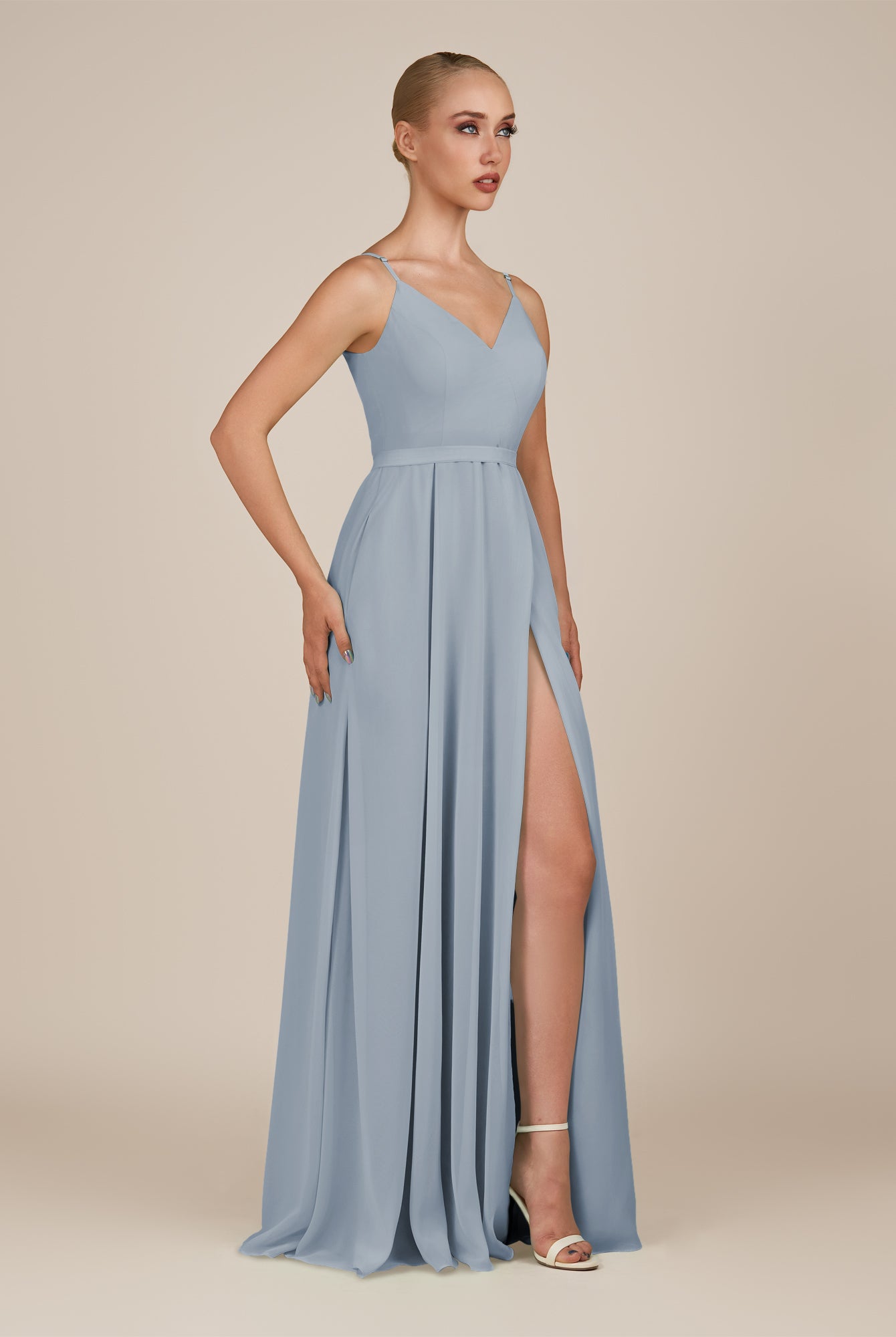 KissDress-Glenys Dusty Blue A Line V Neck Long Bridesmaid Dress with Slit