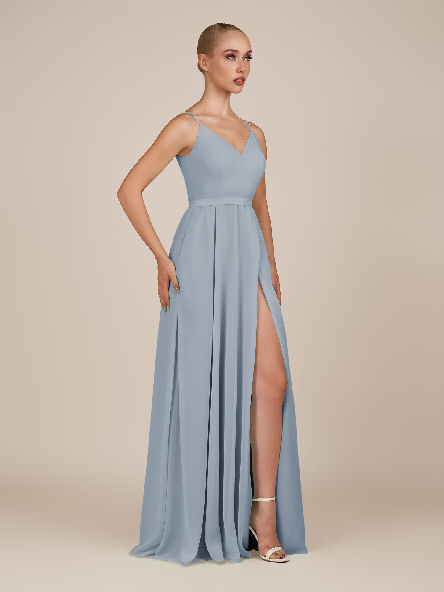 KissDress-Glenys Dusty Blue A Line V Neck Long Bridesmaid Dress with Slit