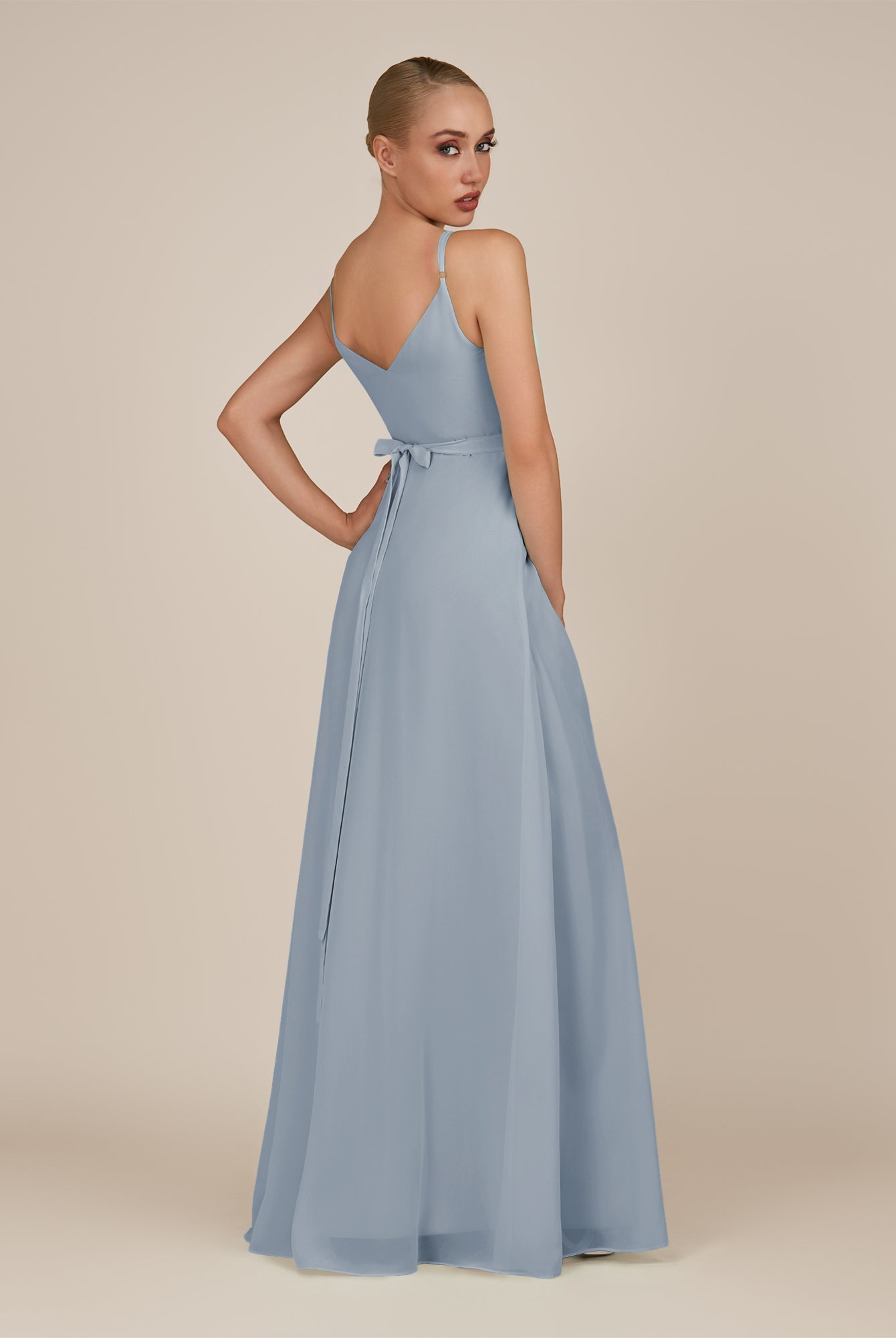 KissDress-Glenys Dusty Blue A Line V Neck Long Bridesmaid Dress with Slit