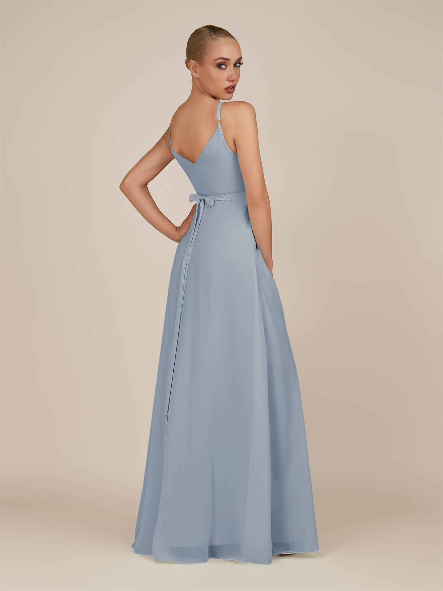 KissDress-Glenys Dusty Blue A Line V Neck Long Bridesmaid Dress with Slit