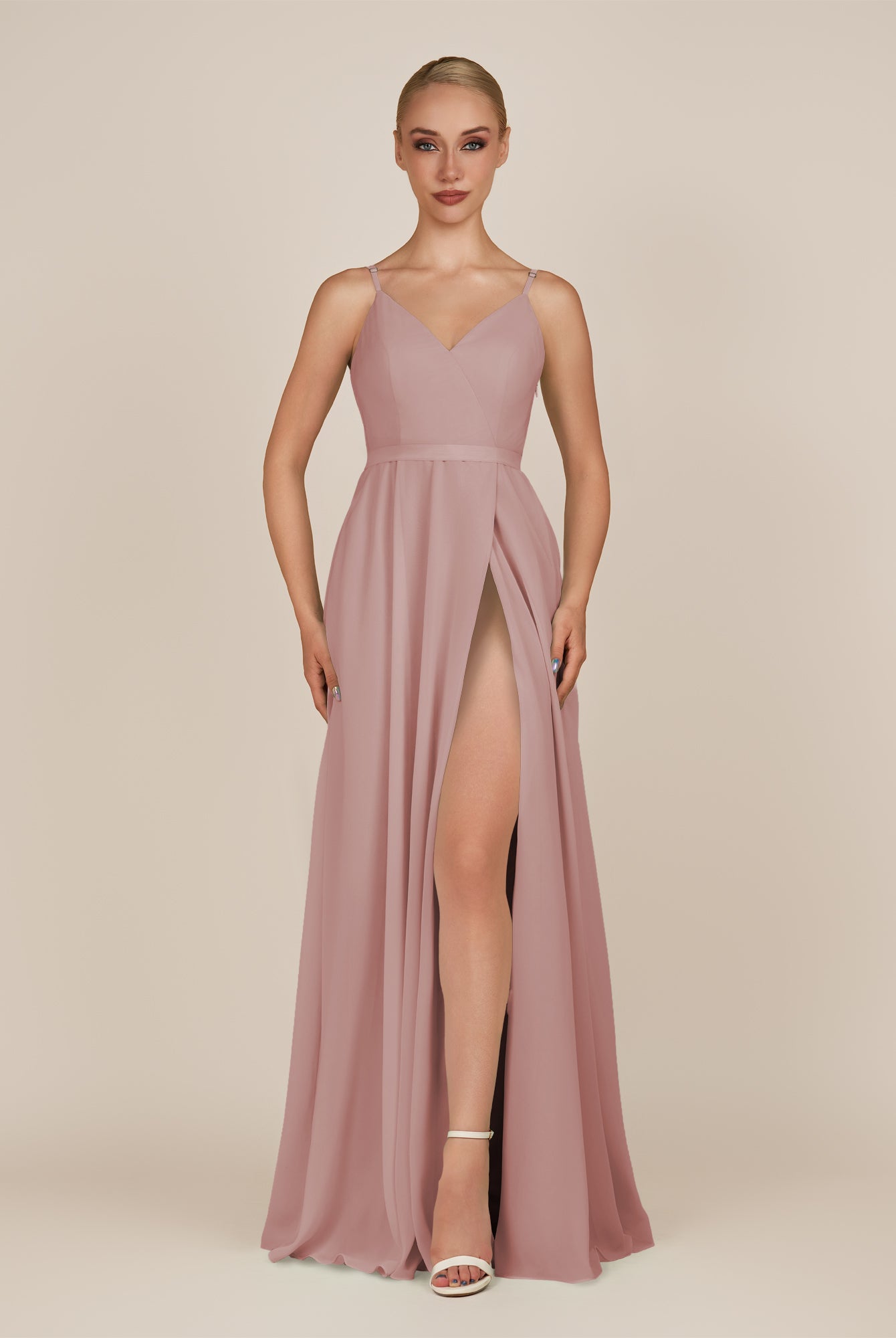 KissDress-Glenys Dusty Rose A Line V Neck Long Bridesmaid Dress with Slit