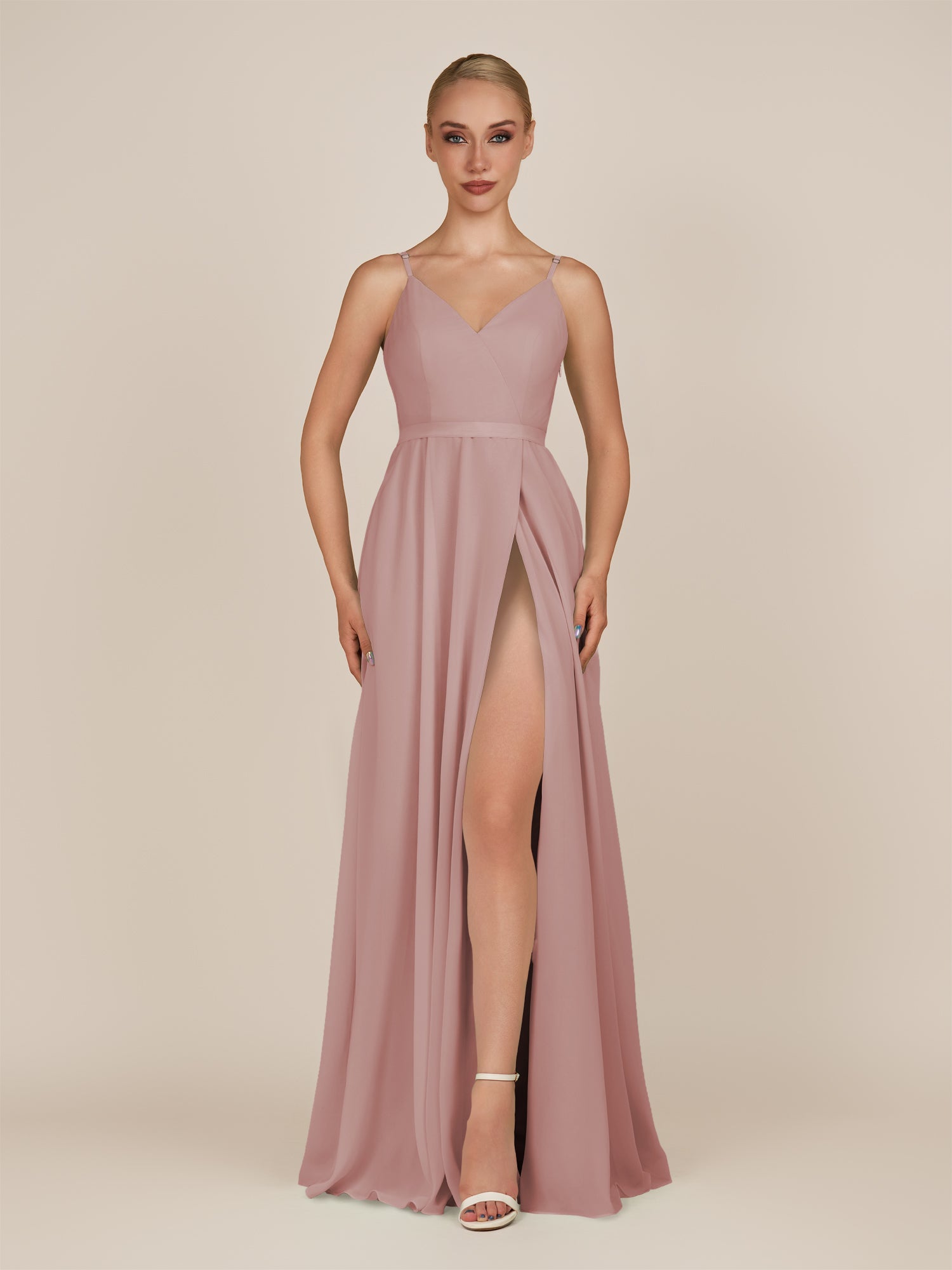 KissDress-Glenys Dusty Rose A Line V Neck Long Bridesmaid Dress with Slit