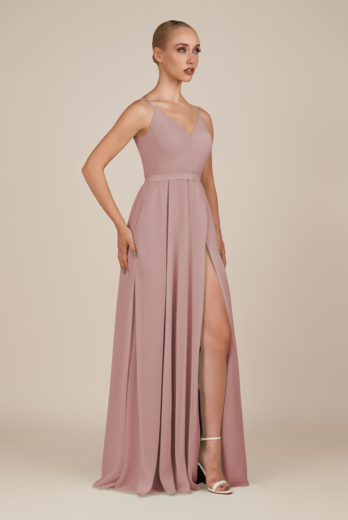 KissDress-Glenys Dusty Rose A Line V Neck Long Bridesmaid Dress with Slit