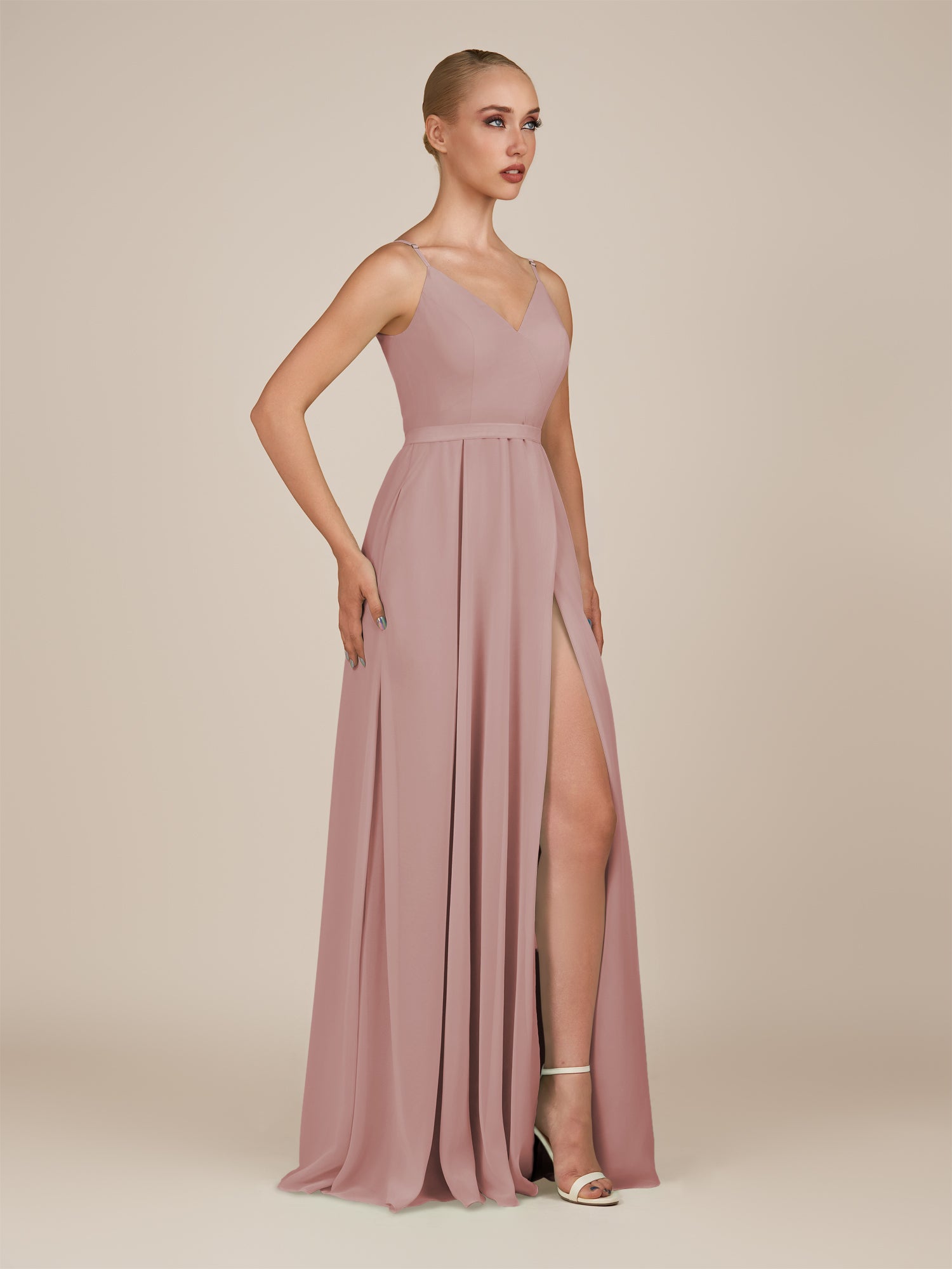 KissDress-Glenys Dusty Rose A Line V Neck Long Bridesmaid Dress with Slit