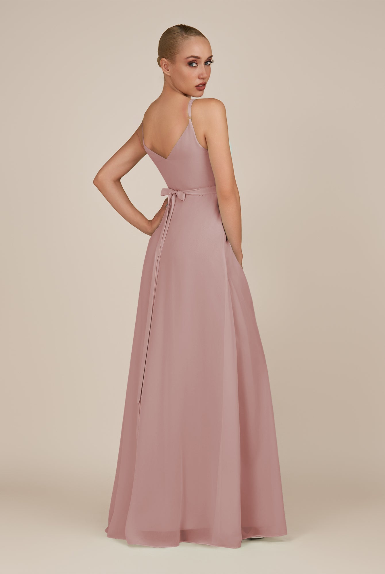 KissDress-Glenys Dusty Rose A Line V Neck Long Bridesmaid Dress with Slit