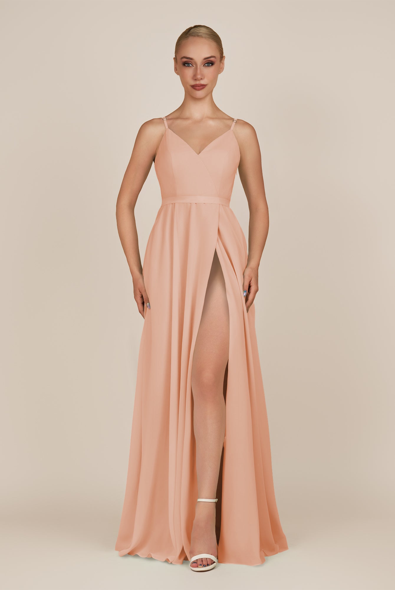 KissDress-Glenys English Rose A Line V Neck Long Bridesmaid Dress with Slit
