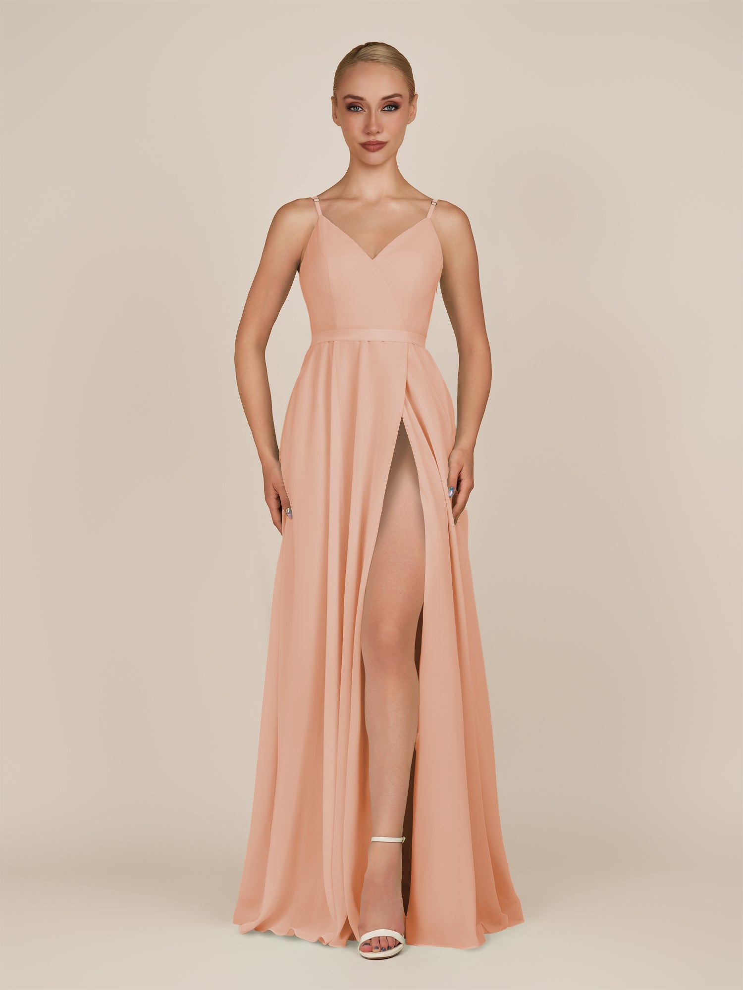 KissDress-Glenys English Rose A Line V Neck Long Bridesmaid Dress with Slit