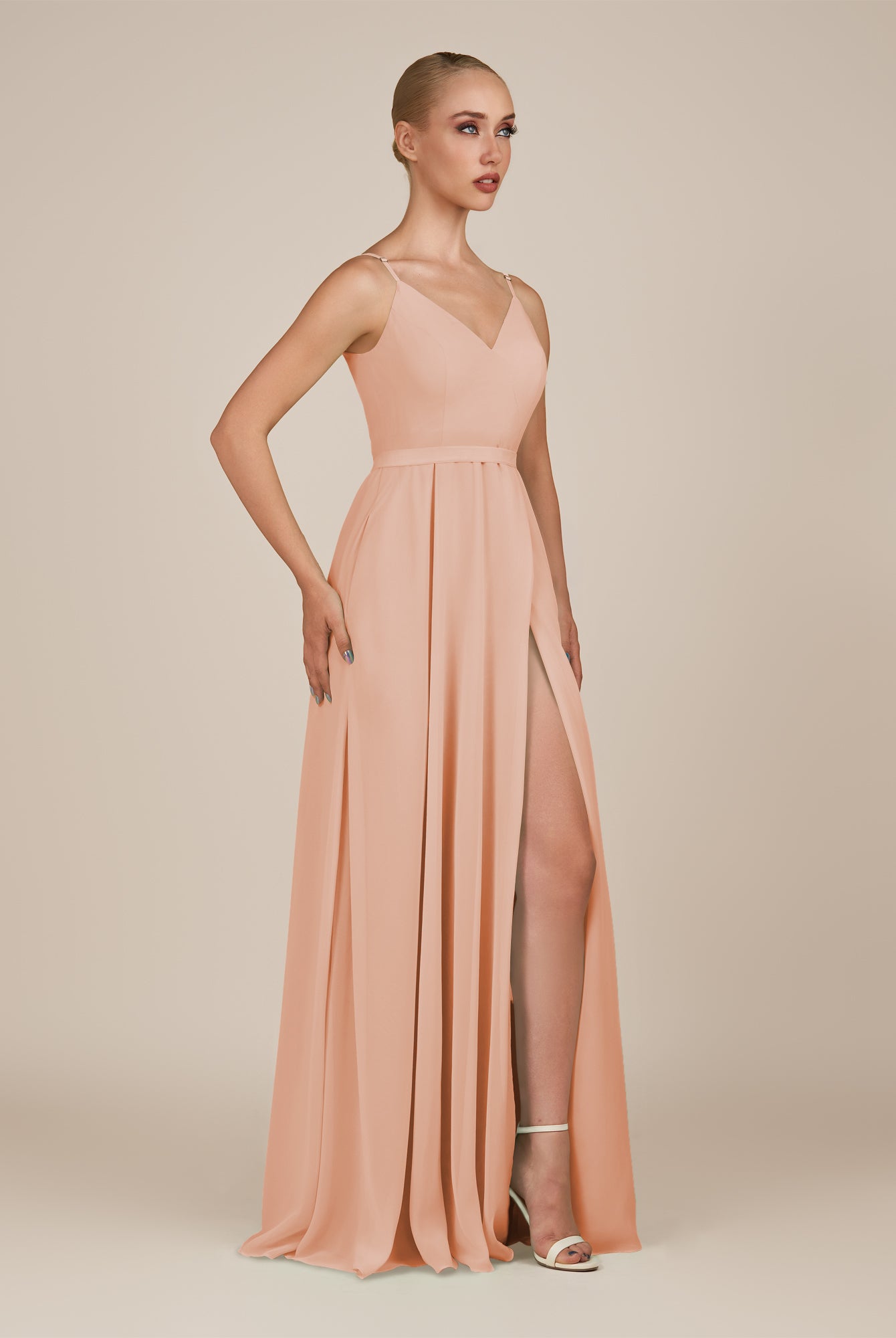 KissDress-Glenys English Rose A Line V Neck Long Bridesmaid Dress with Slit