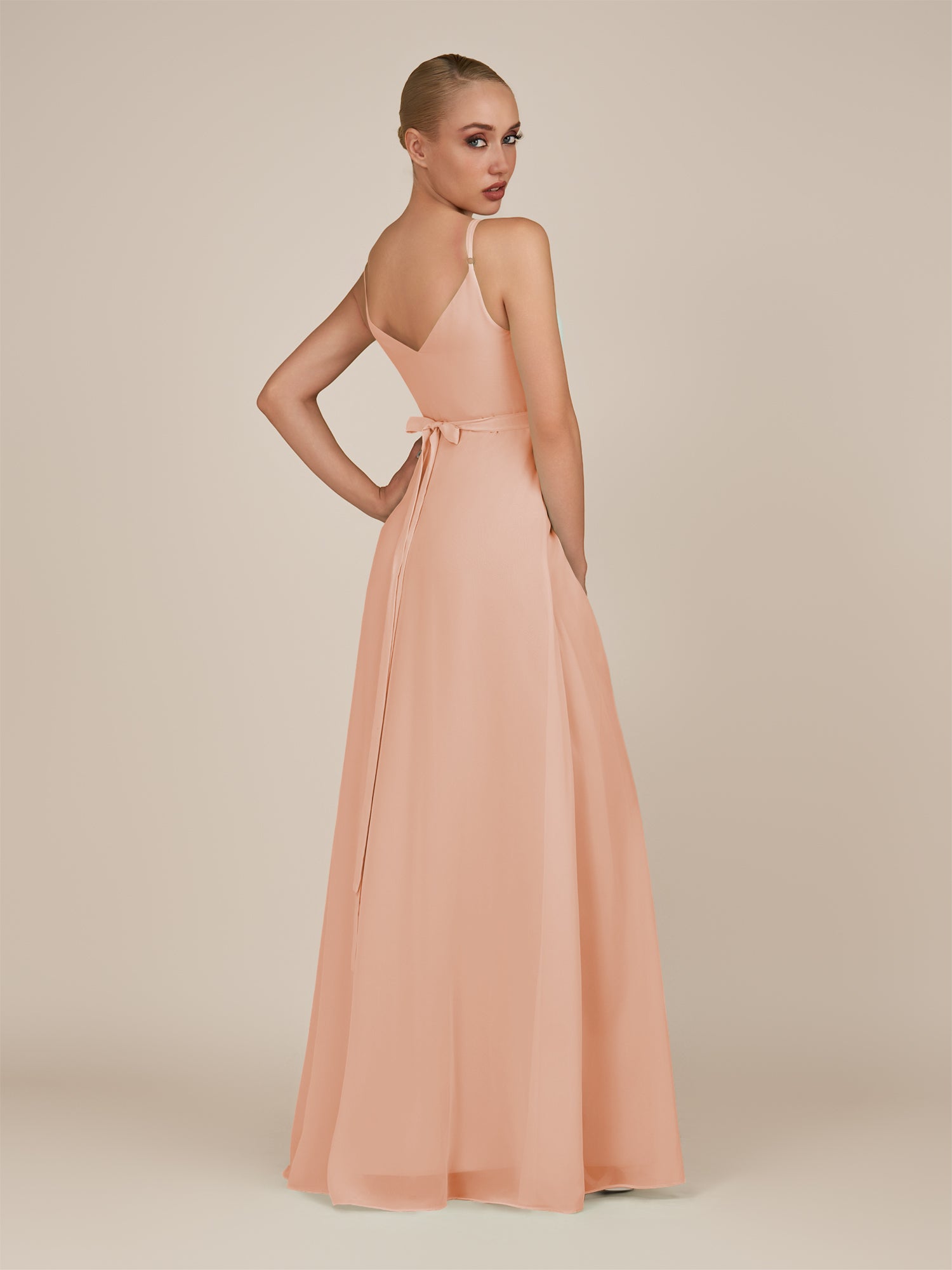 KissDress-Glenys English Rose A Line V Neck Long Bridesmaid Dress with Slit