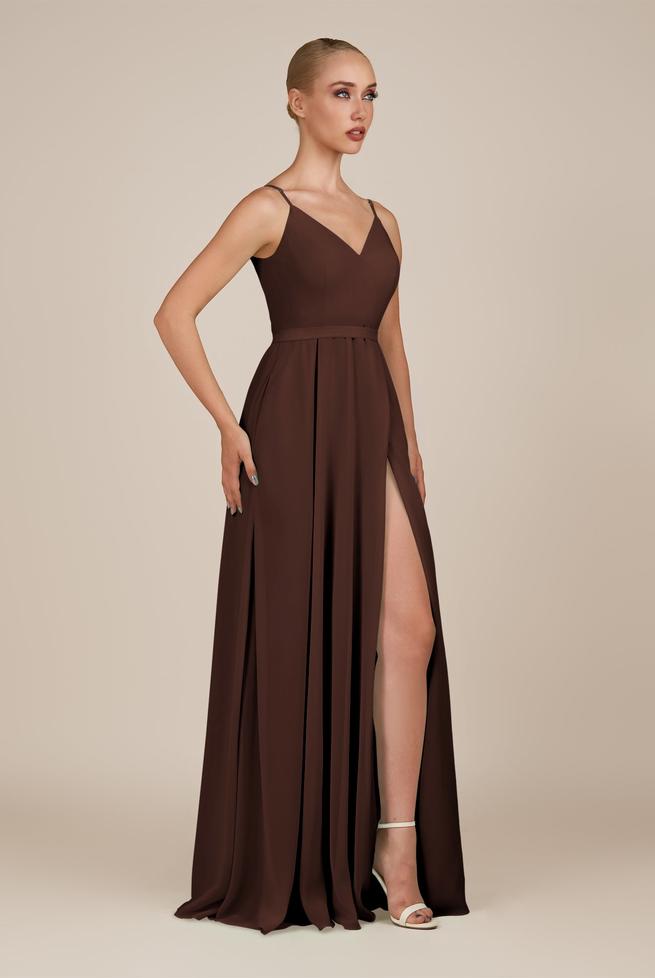 KissDress-Glenys Espresso A Line V Neck Long Bridesmaid Dress with Slit