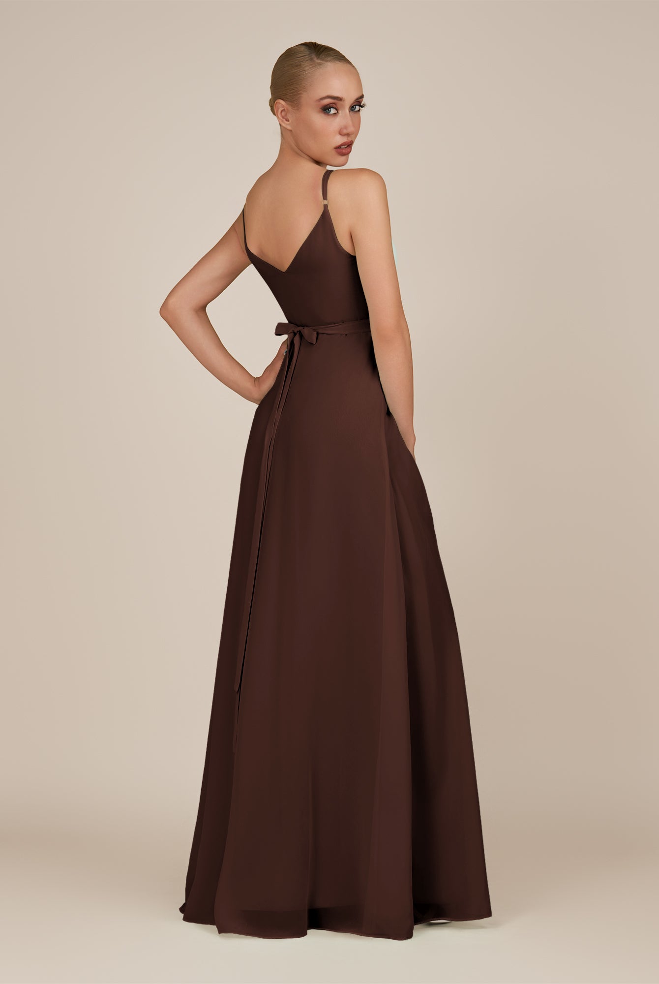 KissDress-Glenys Espresso A Line V Neck Long Bridesmaid Dress with Slit