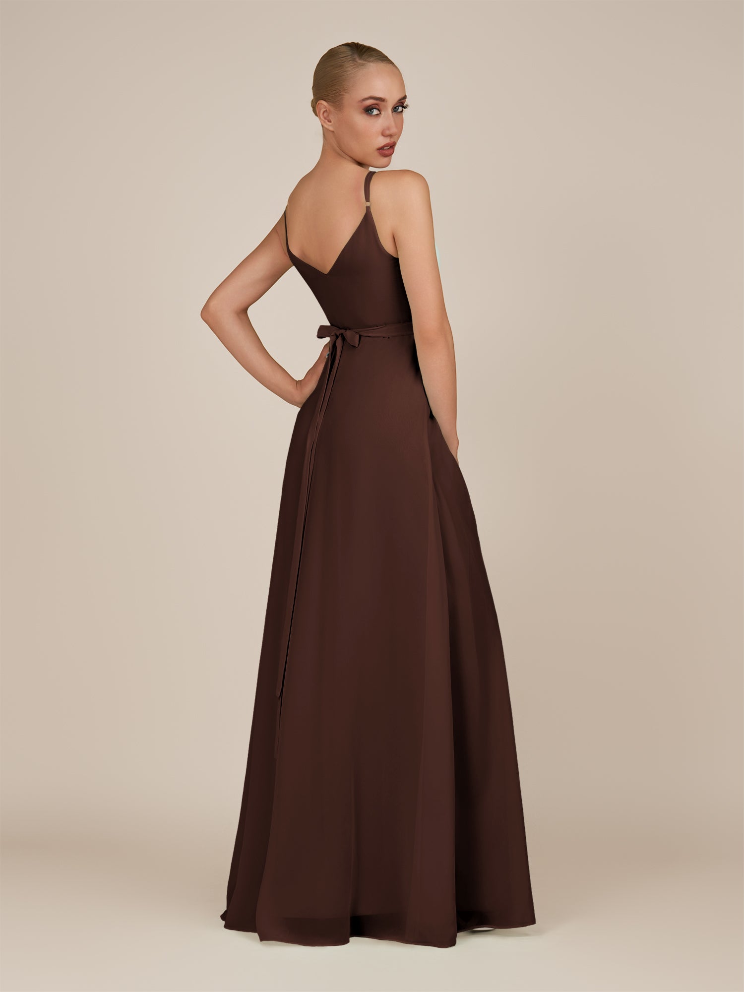 KissDress-Glenys Espresso A Line V Neck Long Bridesmaid Dress with Slit