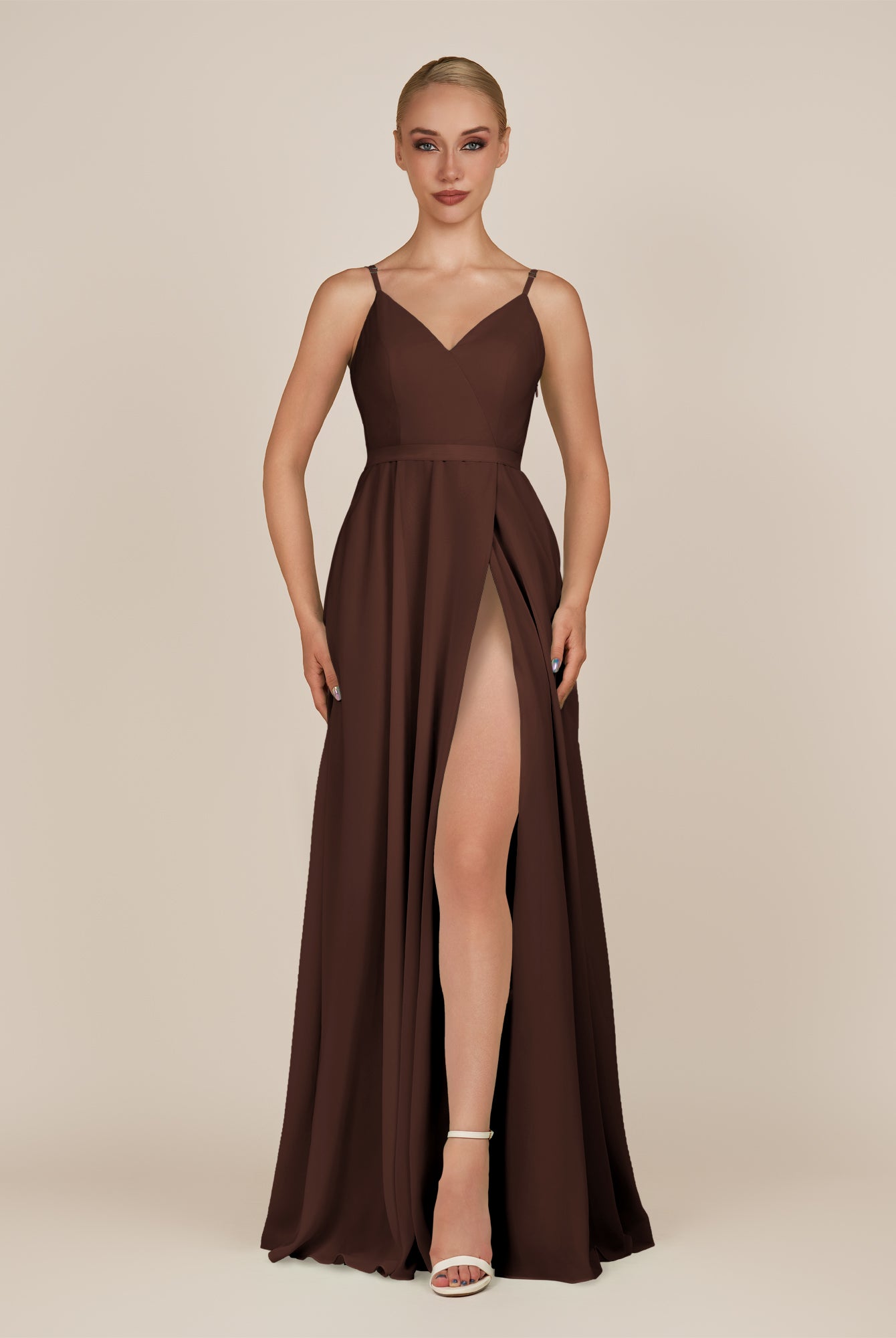 KissDress-Glenys Espresso A Line V Neck Long Bridesmaid Dress with Slit