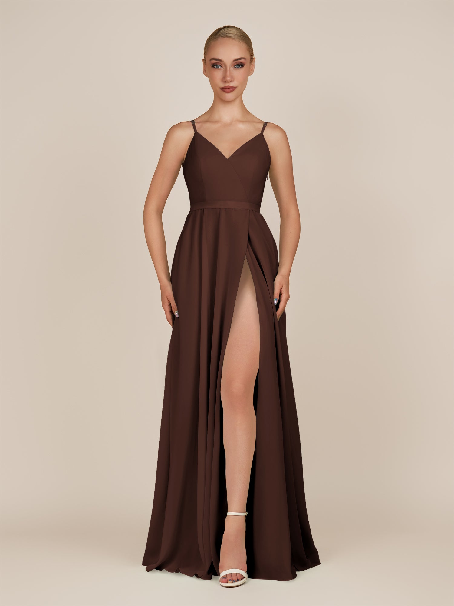 KissDress-Glenys Espresso A Line V Neck Long Bridesmaid Dress with Slit