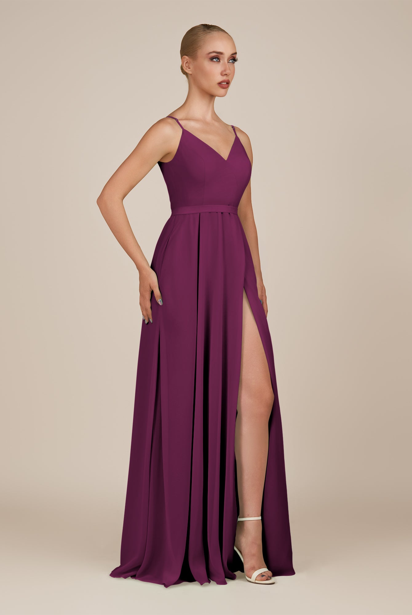 KissDress-Glenys Fig A Line V Neck Long Bridesmaid Dress with Slit