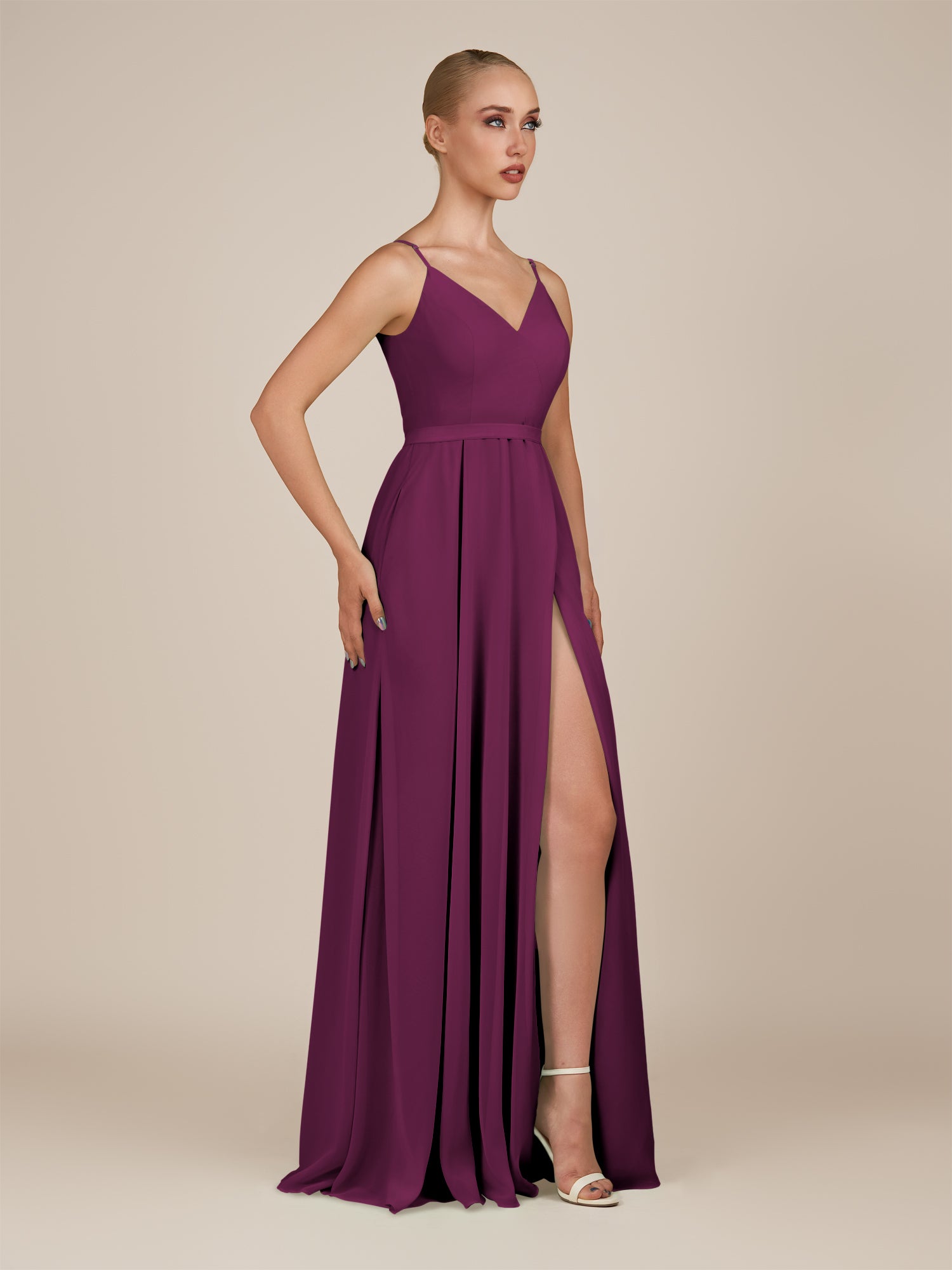 KissDress-Glenys Fig A Line V Neck Long Bridesmaid Dress with Slit