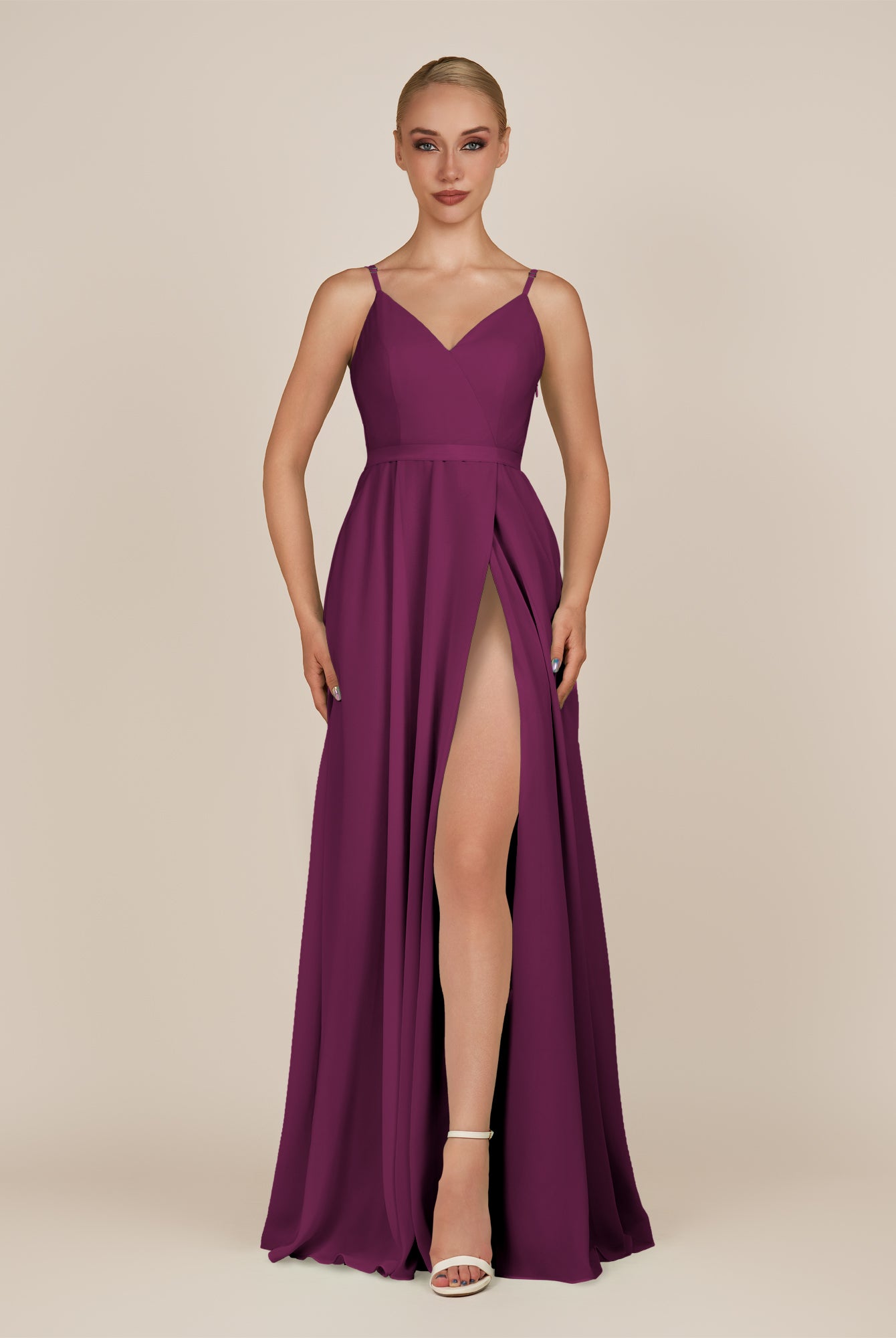 KissDress-Glenys Fig A Line V Neck Long Bridesmaid Dress with Slit