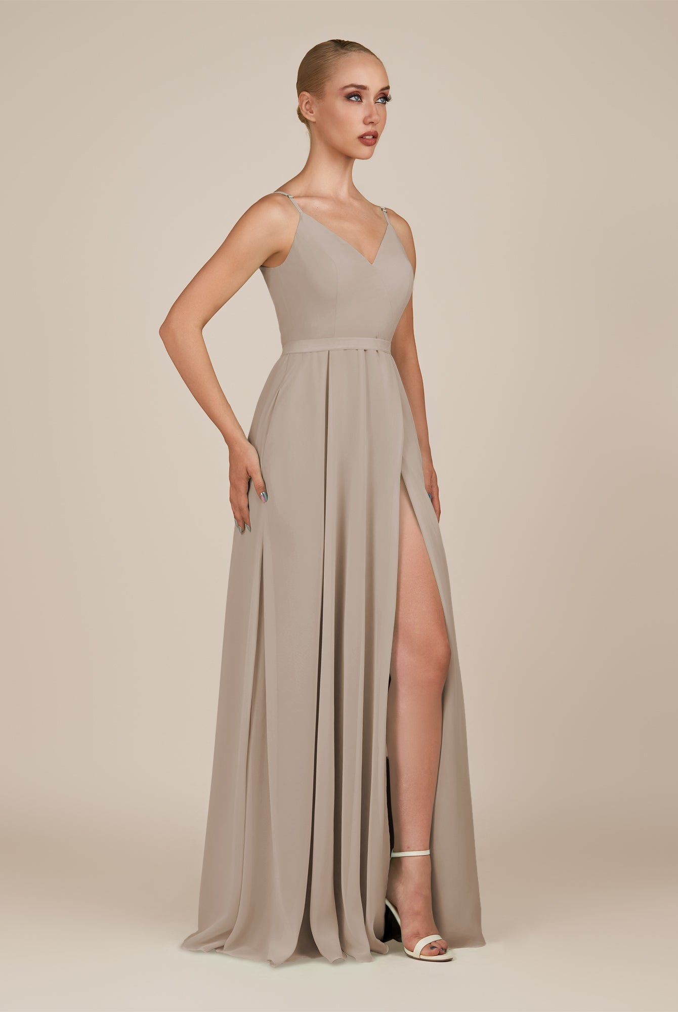 KissDress-Glenys Frost A Line V Neck Long Bridesmaid Dress with Slit