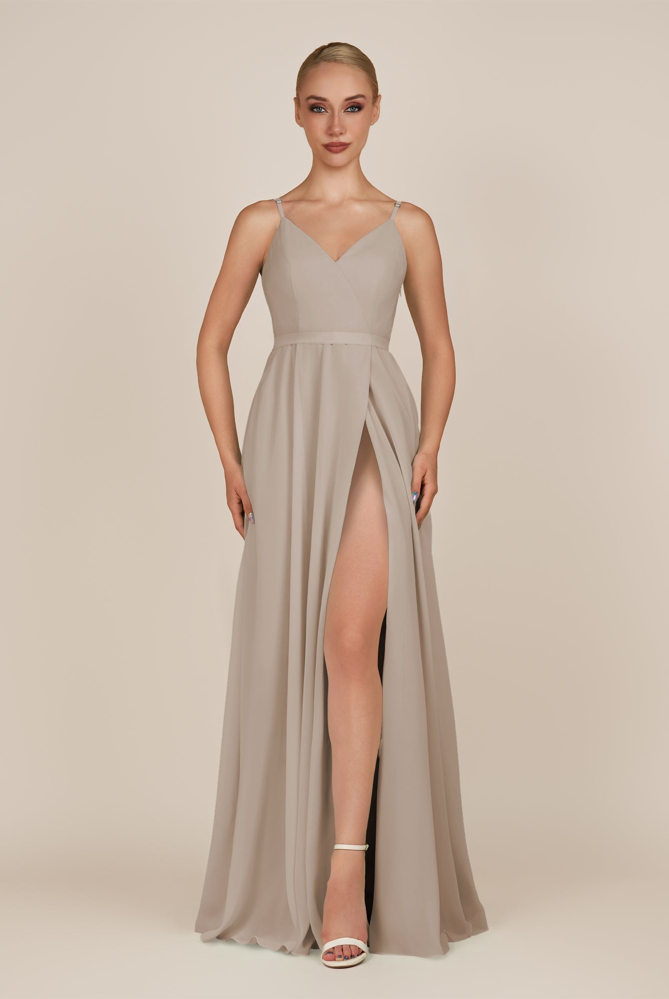KissDress-Glenys Frost A Line V Neck Long Bridesmaid Dress with Slit