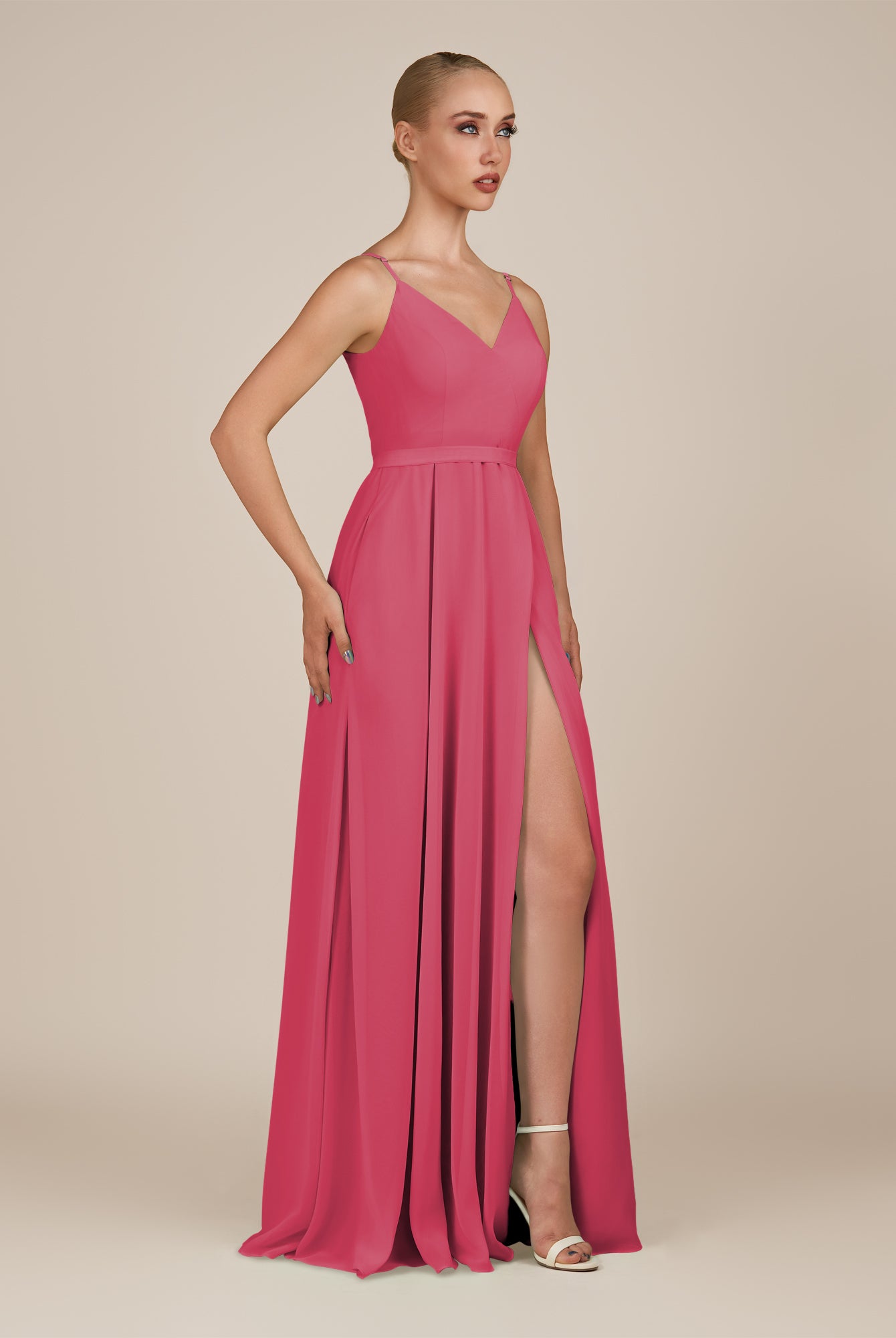 KissDress-Glenys Fuchsia A Line V Neck Long Bridesmaid Dress with Slit