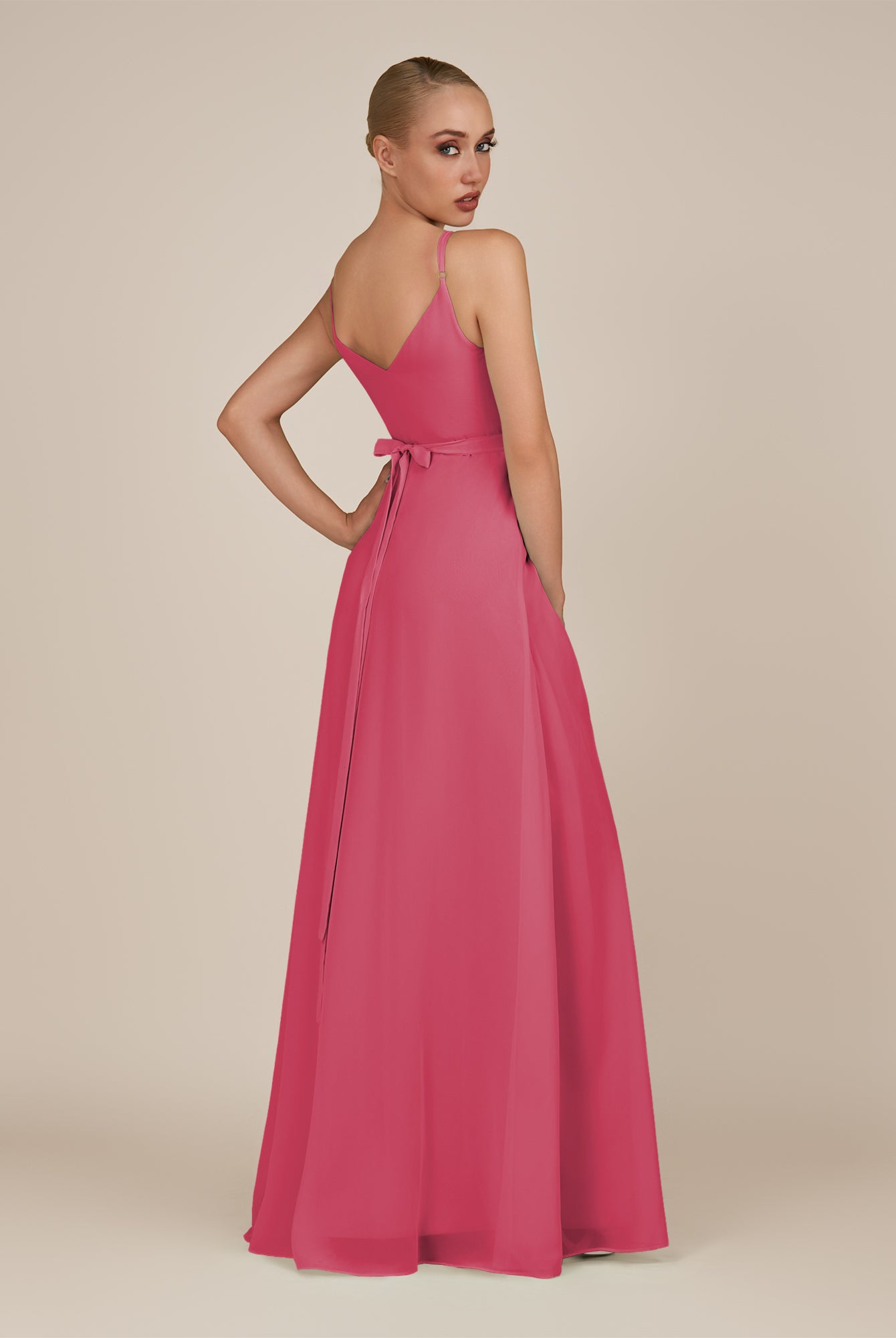 KissDress-Glenys Fuchsia A Line V Neck Long Bridesmaid Dress with Slit