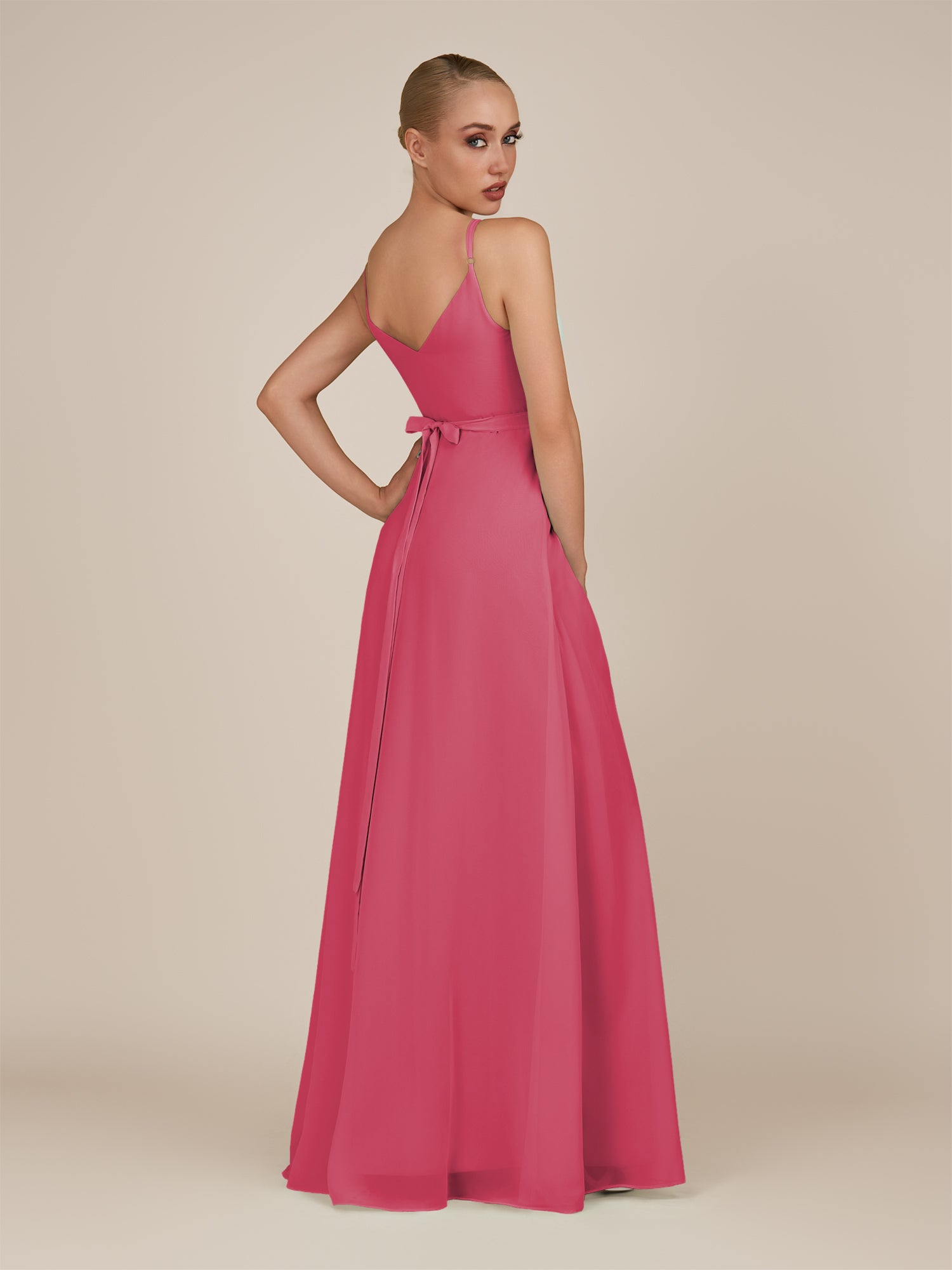 KissDress-Glenys Fuchsia A Line V Neck Long Bridesmaid Dress with Slit