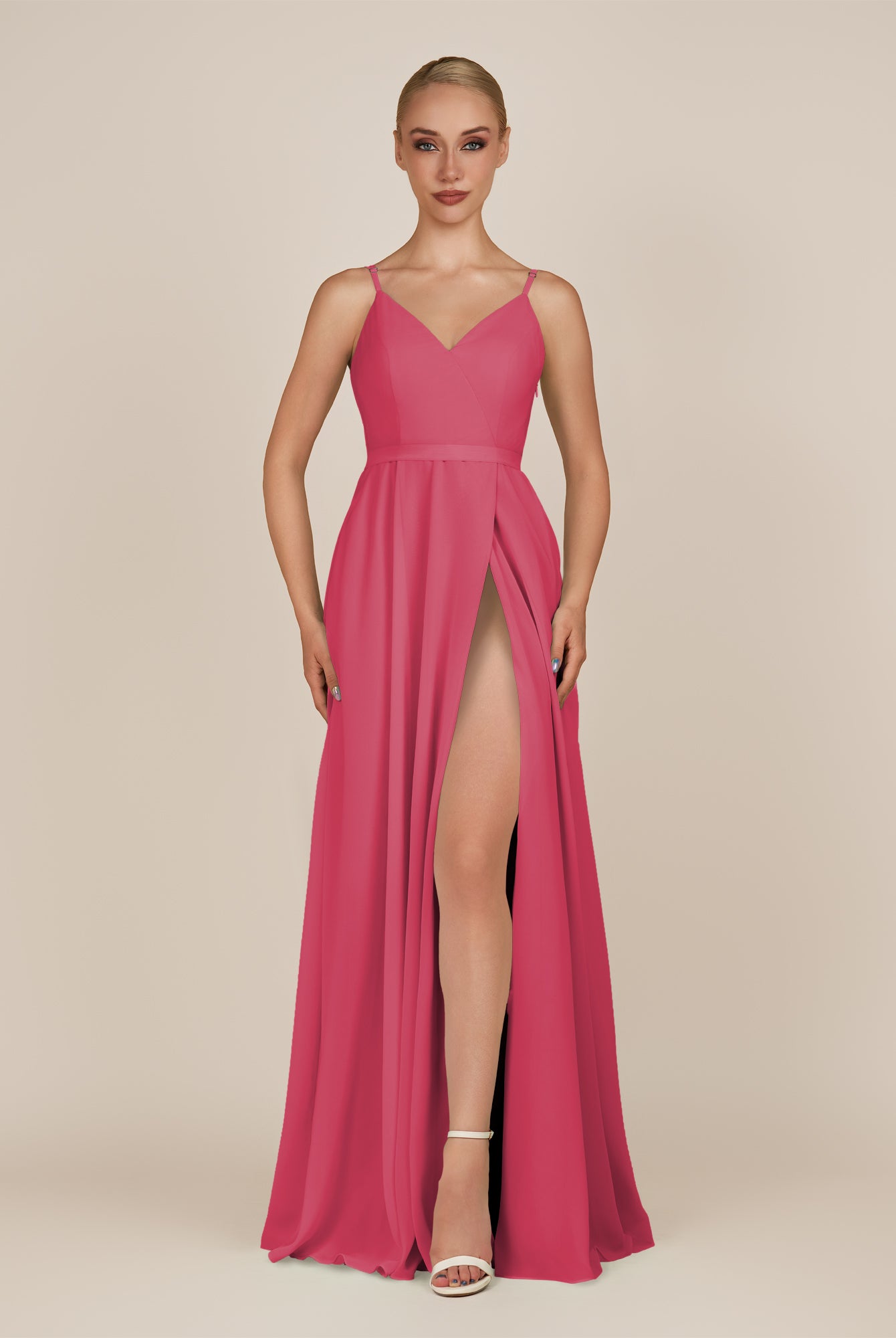 KissDress-Glenys Fuchsia A Line V Neck Long Bridesmaid Dress with Slit