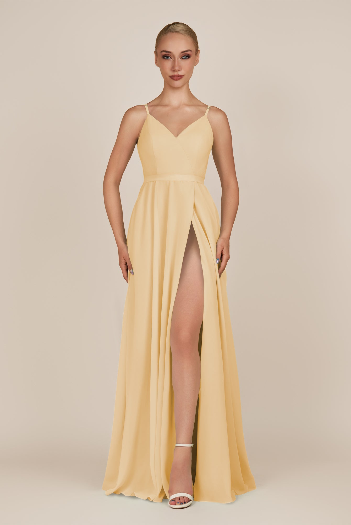 KissDress-Glenys Golden Champagne A Line V Neck Long Bridesmaid Dress with Slit