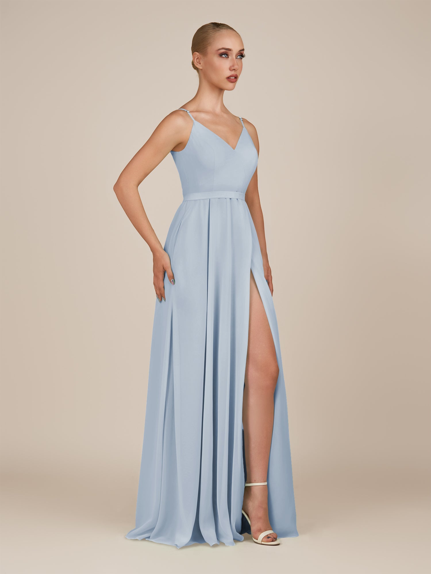 KissDress-Glenys Ice A Line V Neck Long Bridesmaid Dress with Slit