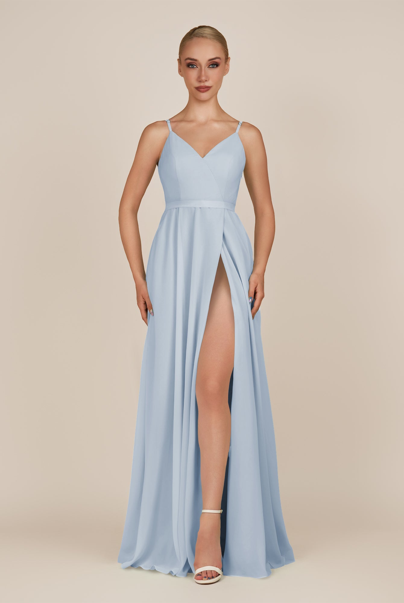 KissDress-Glenys Ice A Line V Neck Long Bridesmaid Dress with Slit