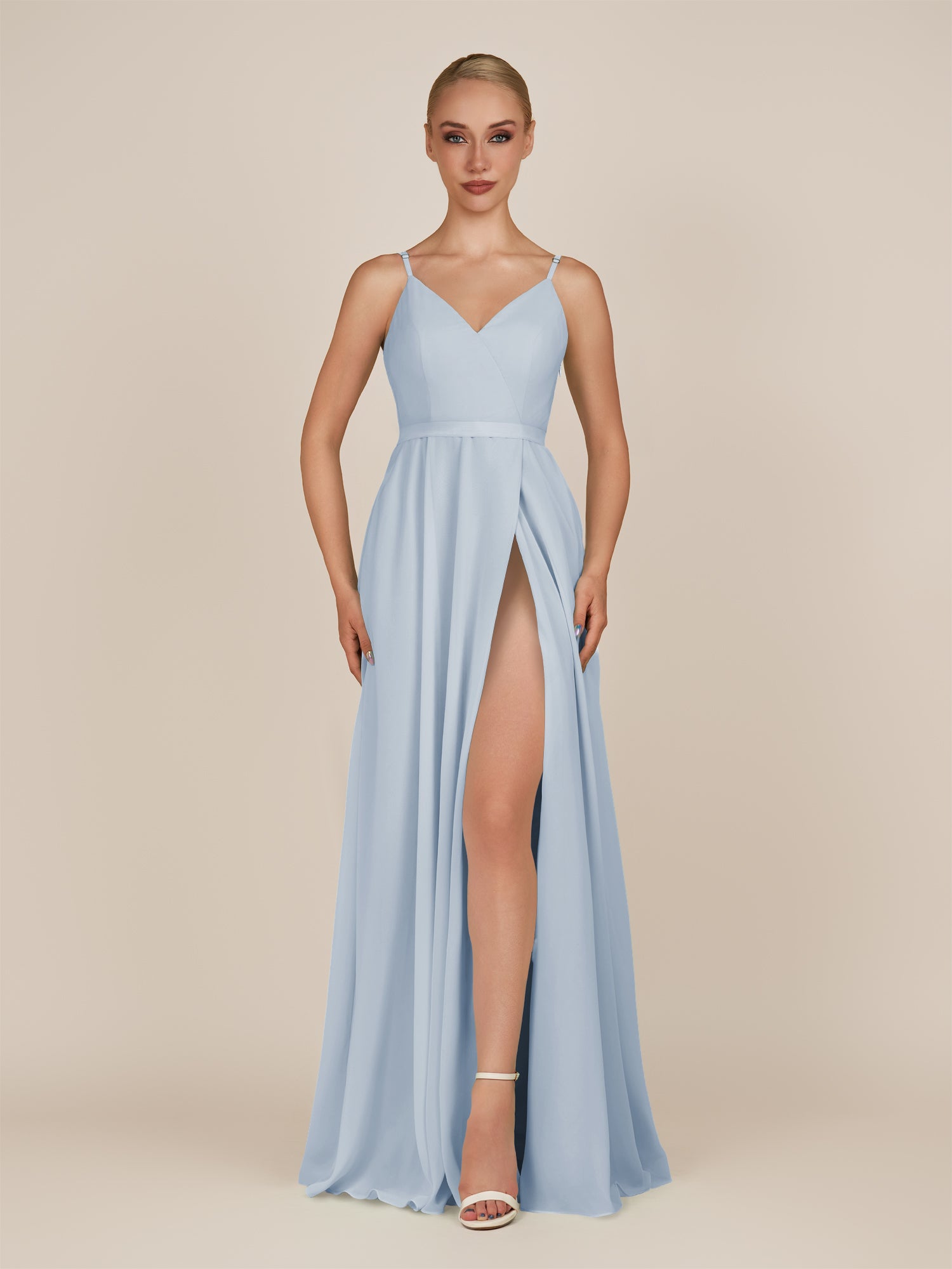 KissDress-Glenys Ice A Line V Neck Long Bridesmaid Dress with Slit