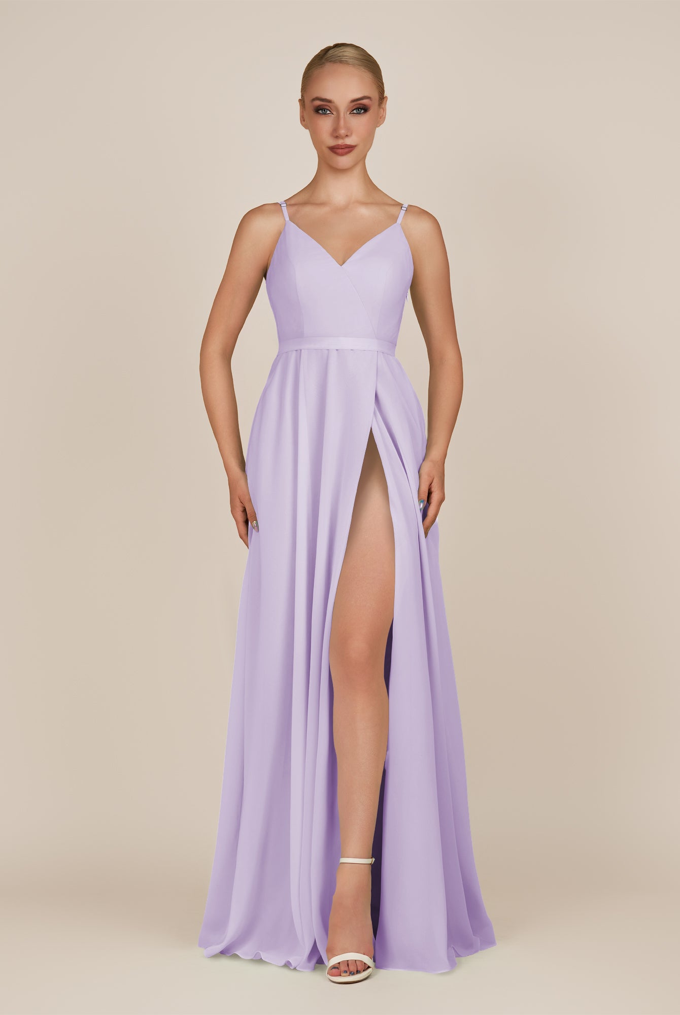KissDress-Glenys Lavender A Line V Neck Long Bridesmaid Dress with Slit