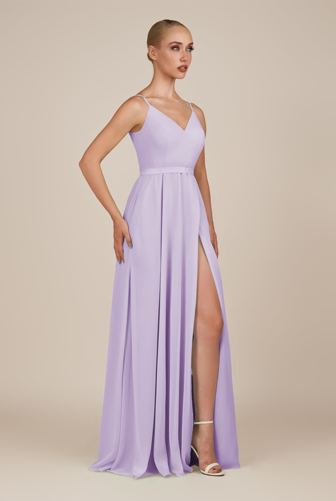 KissDress-Glenys Lavender A Line V Neck Long Bridesmaid Dress with Slit