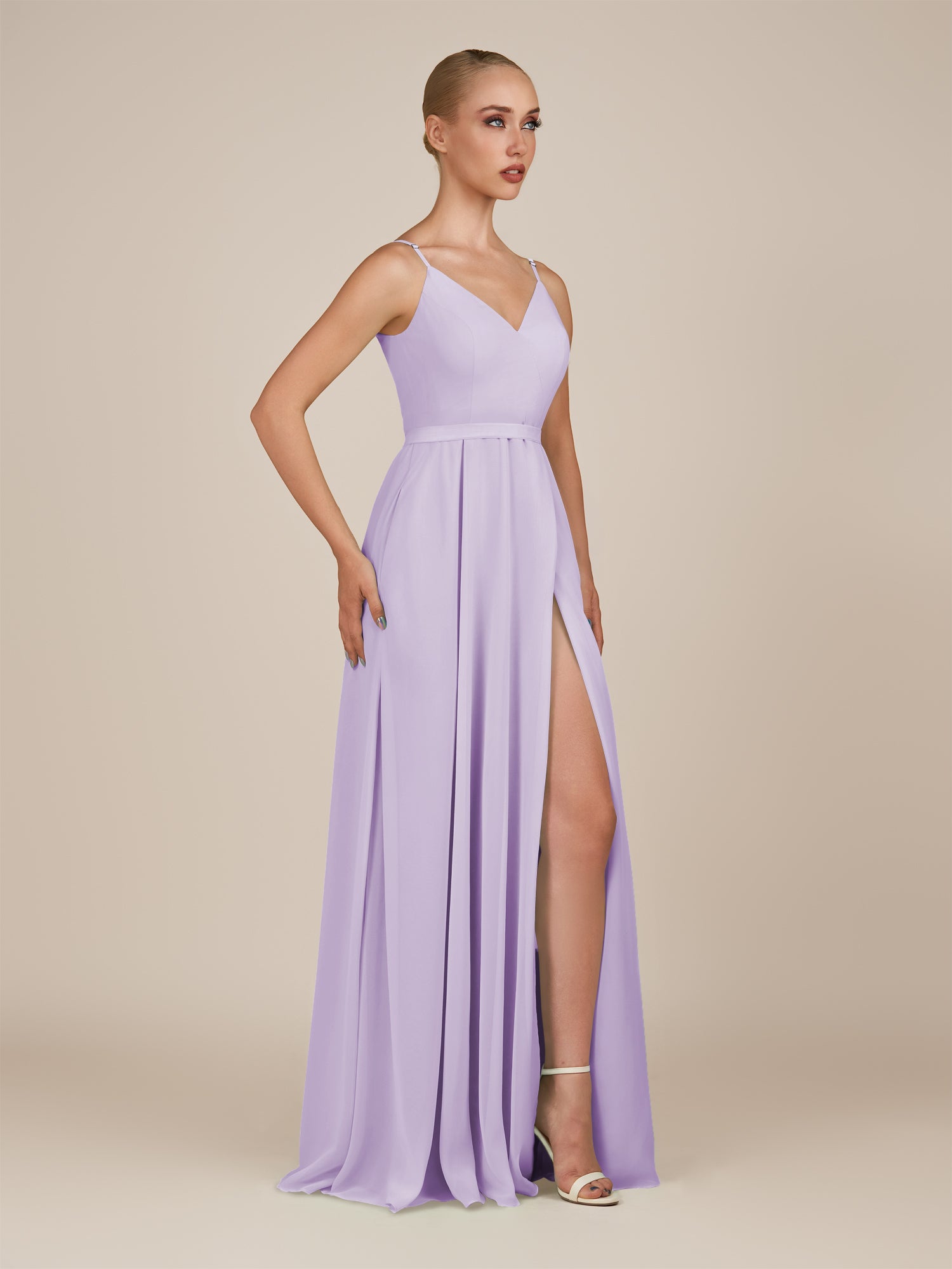 KissDress-Glenys Lavender A Line V Neck Long Bridesmaid Dress with Slit