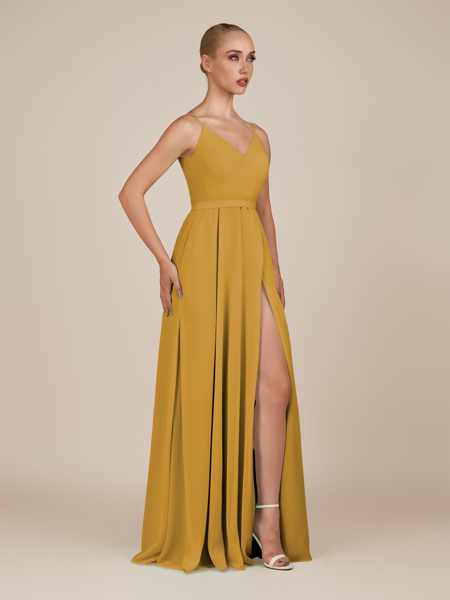 KissDress-Glenys Marigold A Line V Neck Long Bridesmaid Dress with Slit