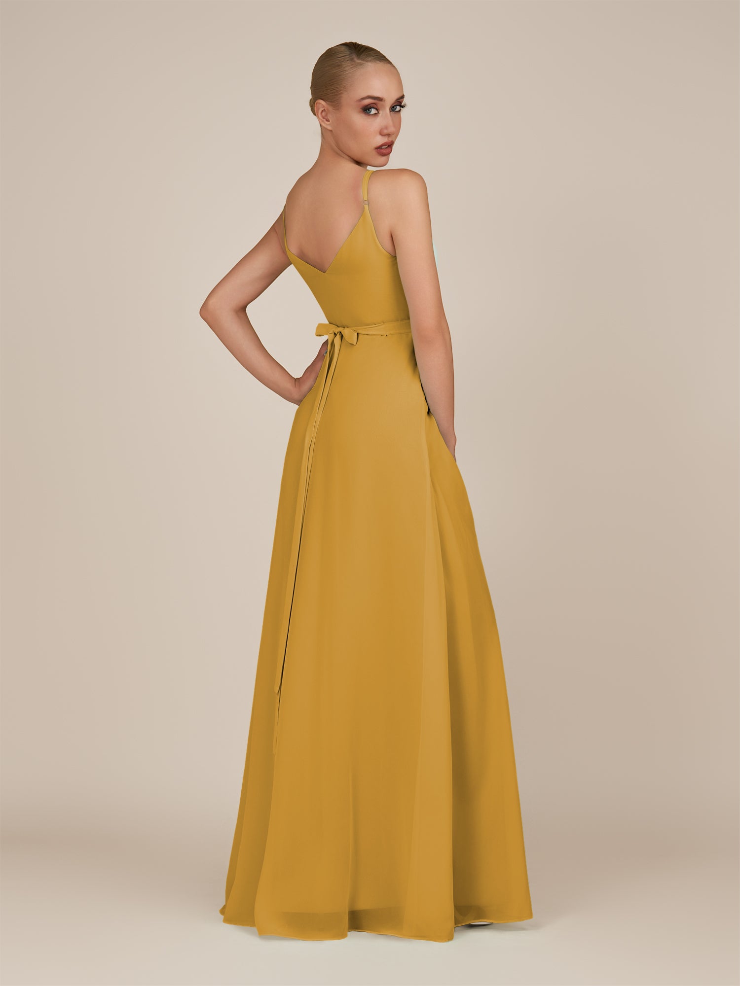 KissDress-Glenys Marigold A Line V Neck Long Bridesmaid Dress with Slit