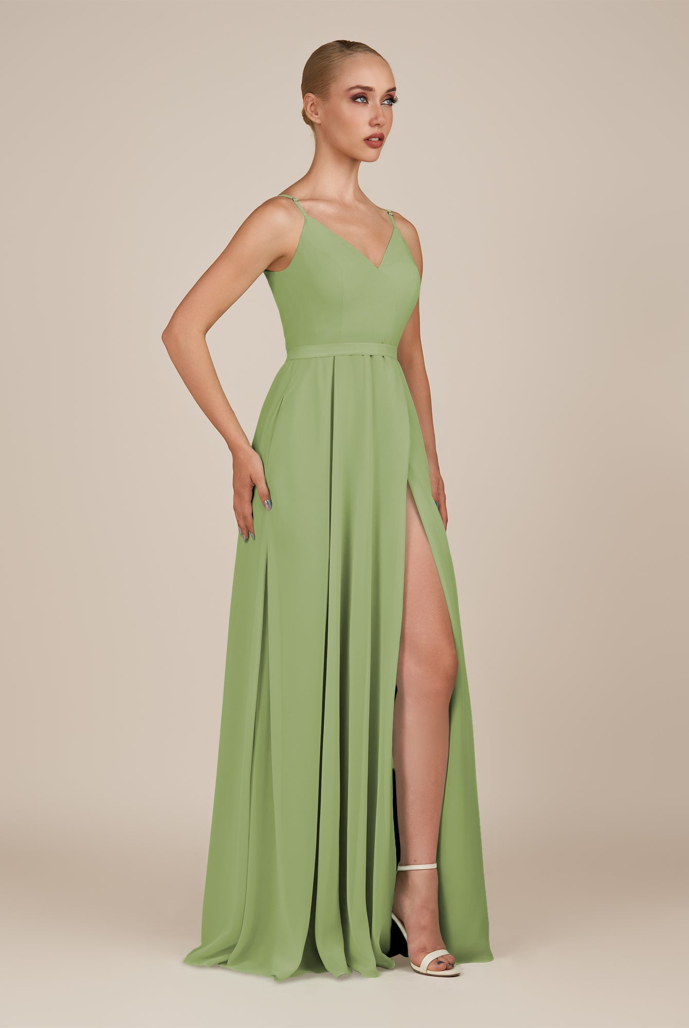 KissDress-Glenys Matcha A Line V Neck Long Bridesmaid Dress with Slit