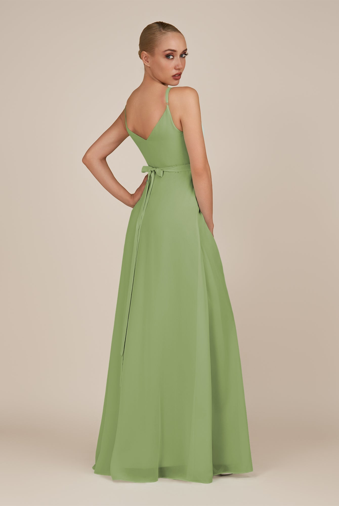 KissDress-Glenys Matcha A Line V Neck Long Bridesmaid Dress with Slit